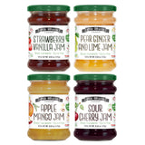 Old World Quality Foods 4-pack Premium European Fruit Jam Sampler with Strawberry Vanilla, Pear Ginger and Lime, Sour Cherry, and Apple Mango Flavors