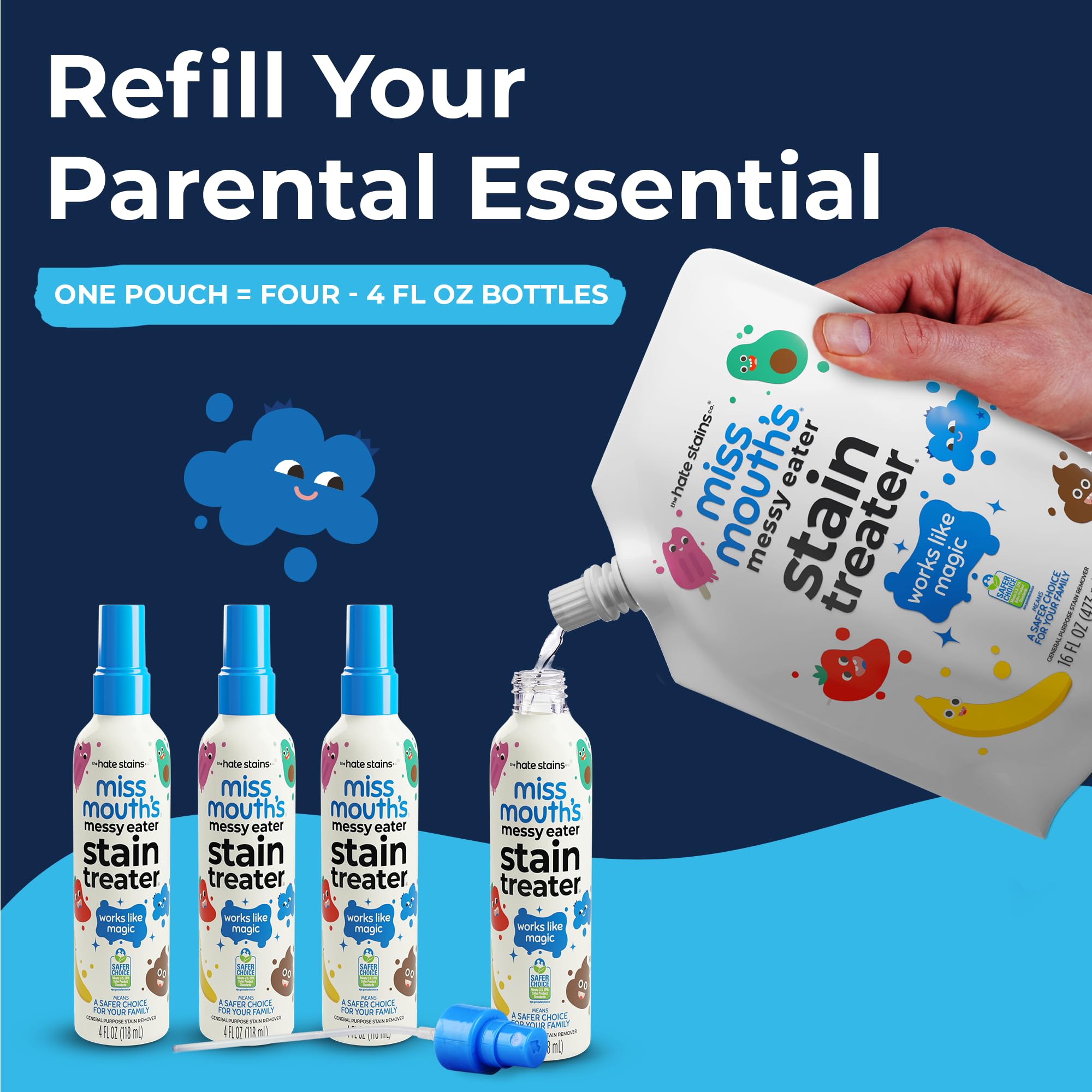 Miss Mouth’s Messy Eater Stain Treater Refill Ready Kit - 2 Pack Stain Remover Spray and 16oz Refill Pouch - Newborn & Baby Essentials - Food, Grease