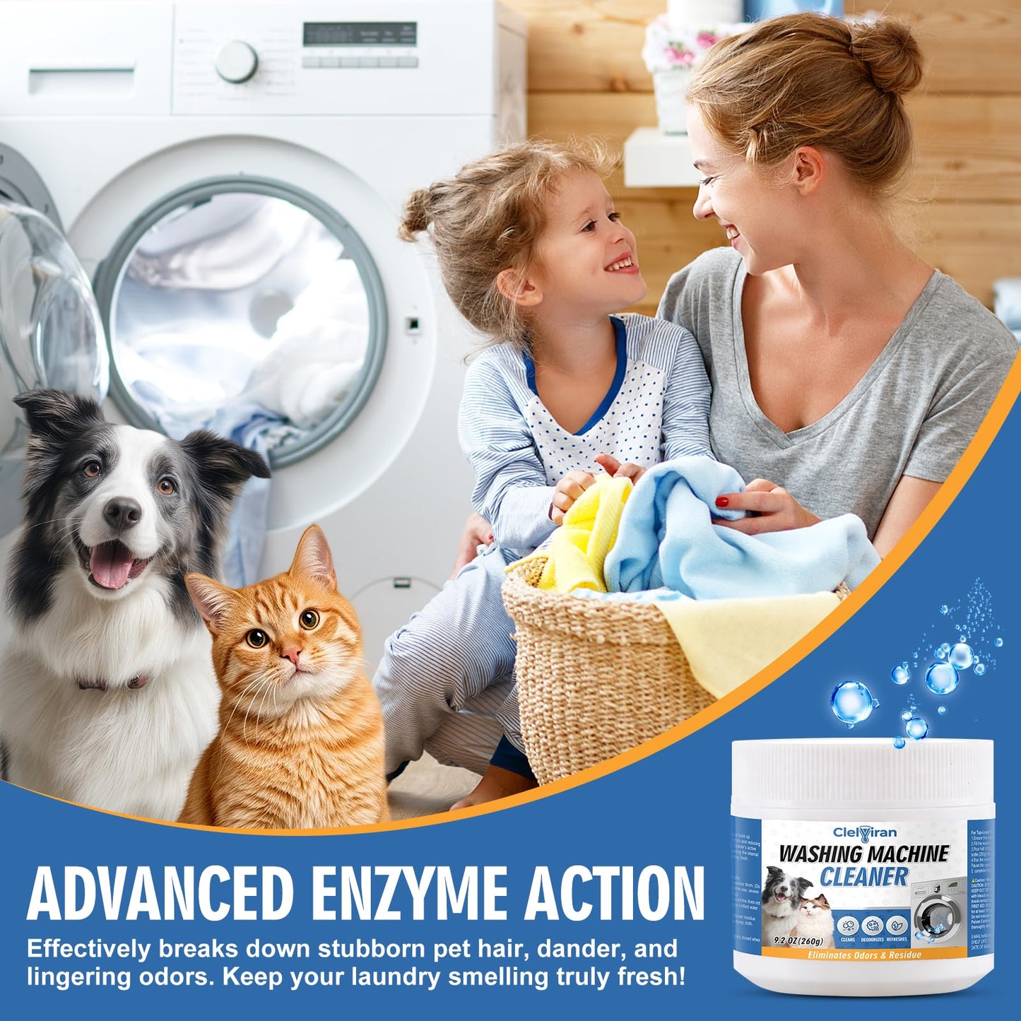 Clelviran Pet Hair Washing Machine Cleaner Powder, Enzyme Action Removes Odor Causing Residue and Grime Deep Inside Pump, HE Front and Top Load Washer