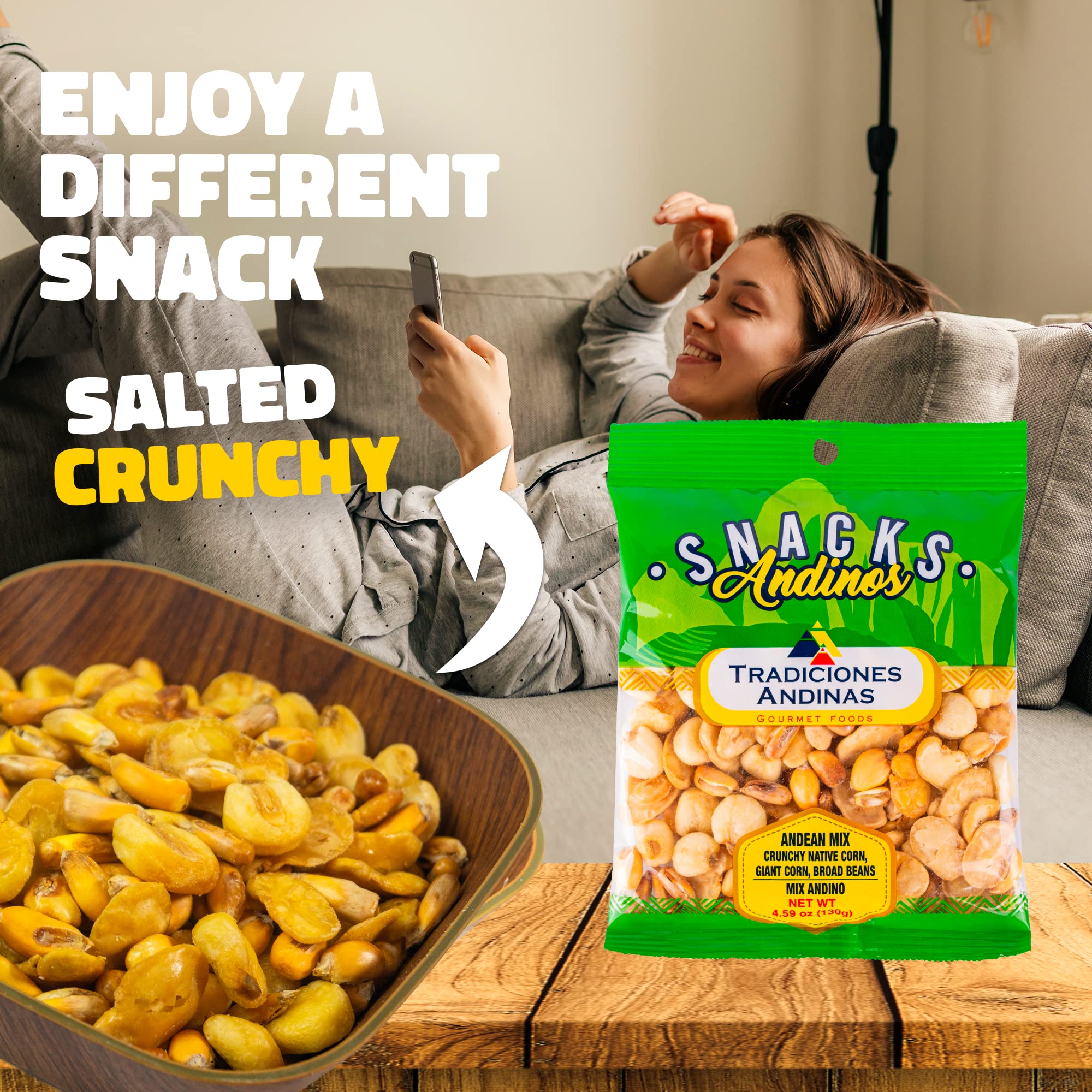Tradiciones Andinas Salted Crunchy Andean Mix 4.59 oz - Snack Mix Andino Peruano, Maiz Cancha, Maiz Gigante, Chulpi Frito, Habas Snacks, Peruvian