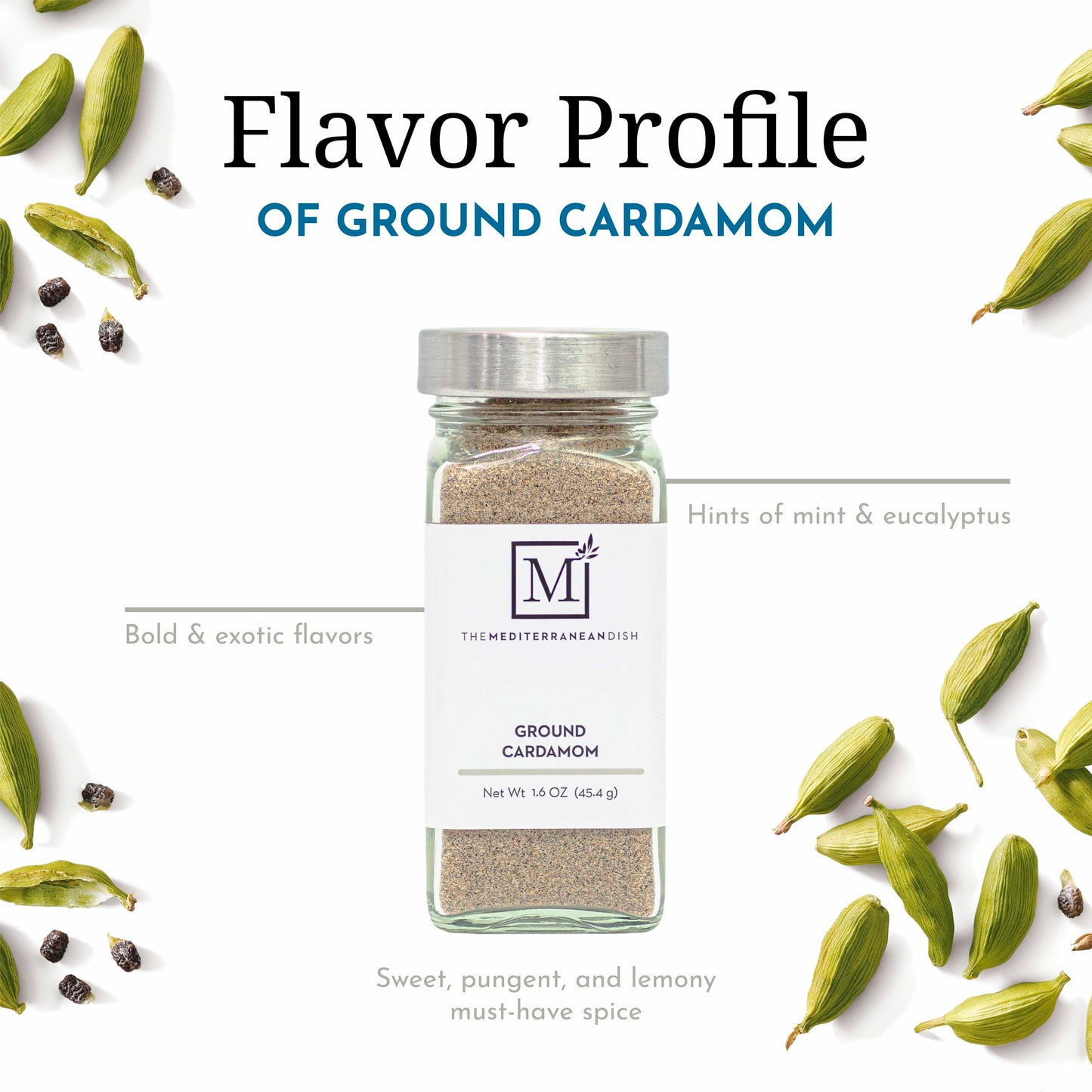 The Mediterranean Dish Cardamom Ground - Sweet, Pungent, Lemony Spice for Cooking and Baking - Gourmet Chef Essential - Rustic, Old World Spice - 1.6