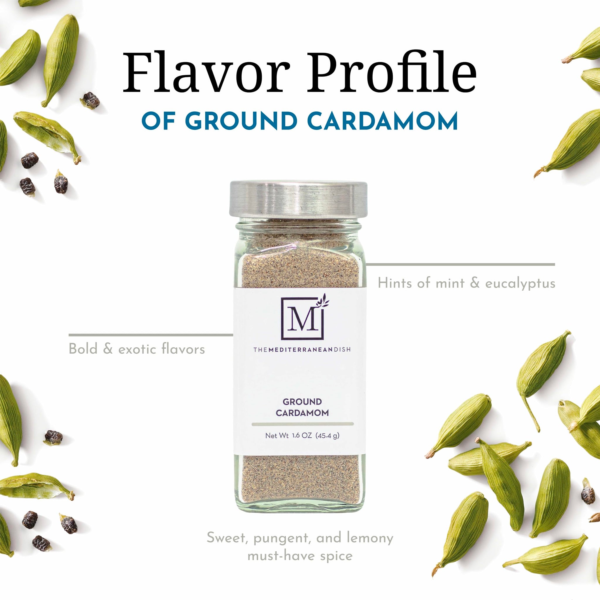 The Mediterranean Dish Cardamom Ground - Sweet, Pungent, Lemony Spice for Cooking and Baking - Gourmet Chef Essential - Rustic, Old World Spice - 1.6