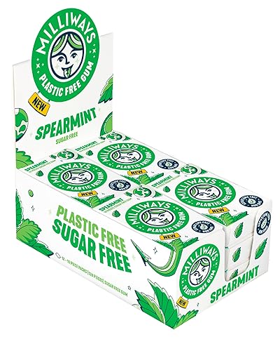Milliways Spearmint | Plastic Free Gum | Xylitol, Aspartame-Free, Sugar-Free, Plant-Based, Natural Chewing Gum | 120 Pieces Total (12 Packs of 10