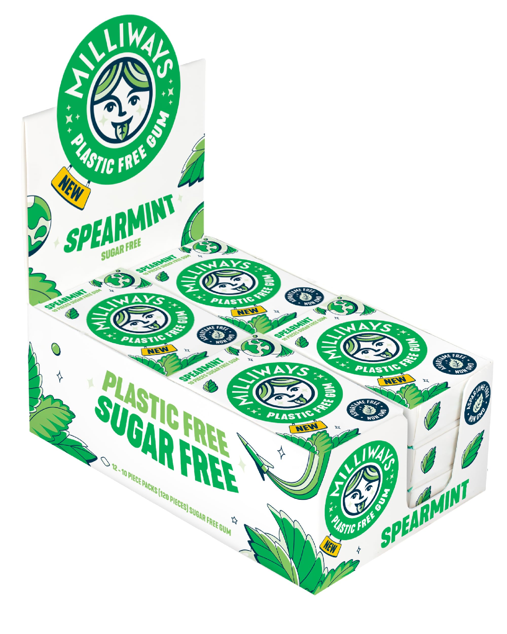 Milliways Spearmint | Plastic Free Gum | Xylitol, Aspartame-Free, Sugar-Free, Plant-Based, Natural Chewing Gum | 120 Pieces Total (12 Packs of 10
