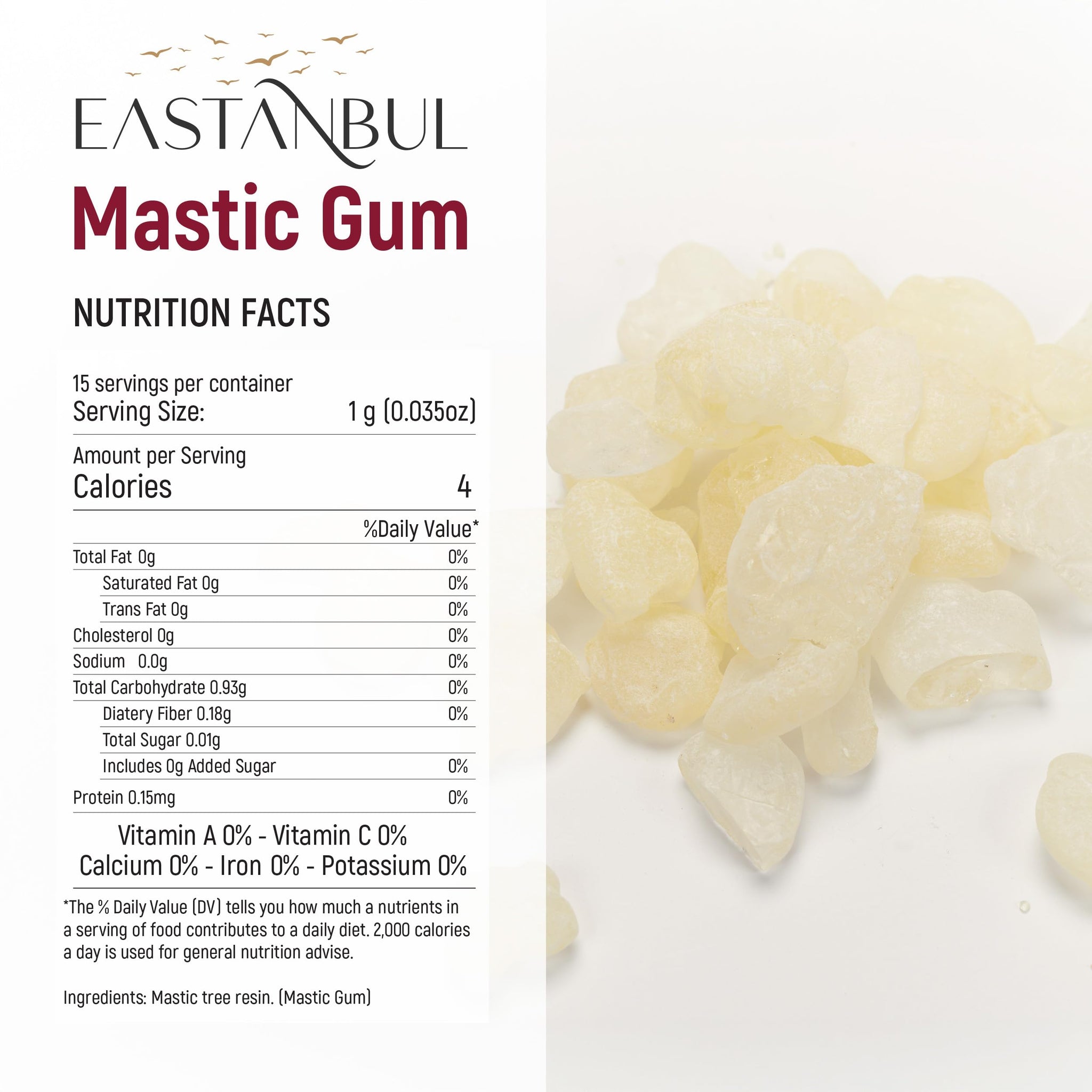 Eastanbul Mastic Gum Chewing Gum, 0.53oz(15g) Mastic Chewing Mewing for Jawline, Large Sized Natural Tears of Chios, Sugar Free, Natural in Resealable
