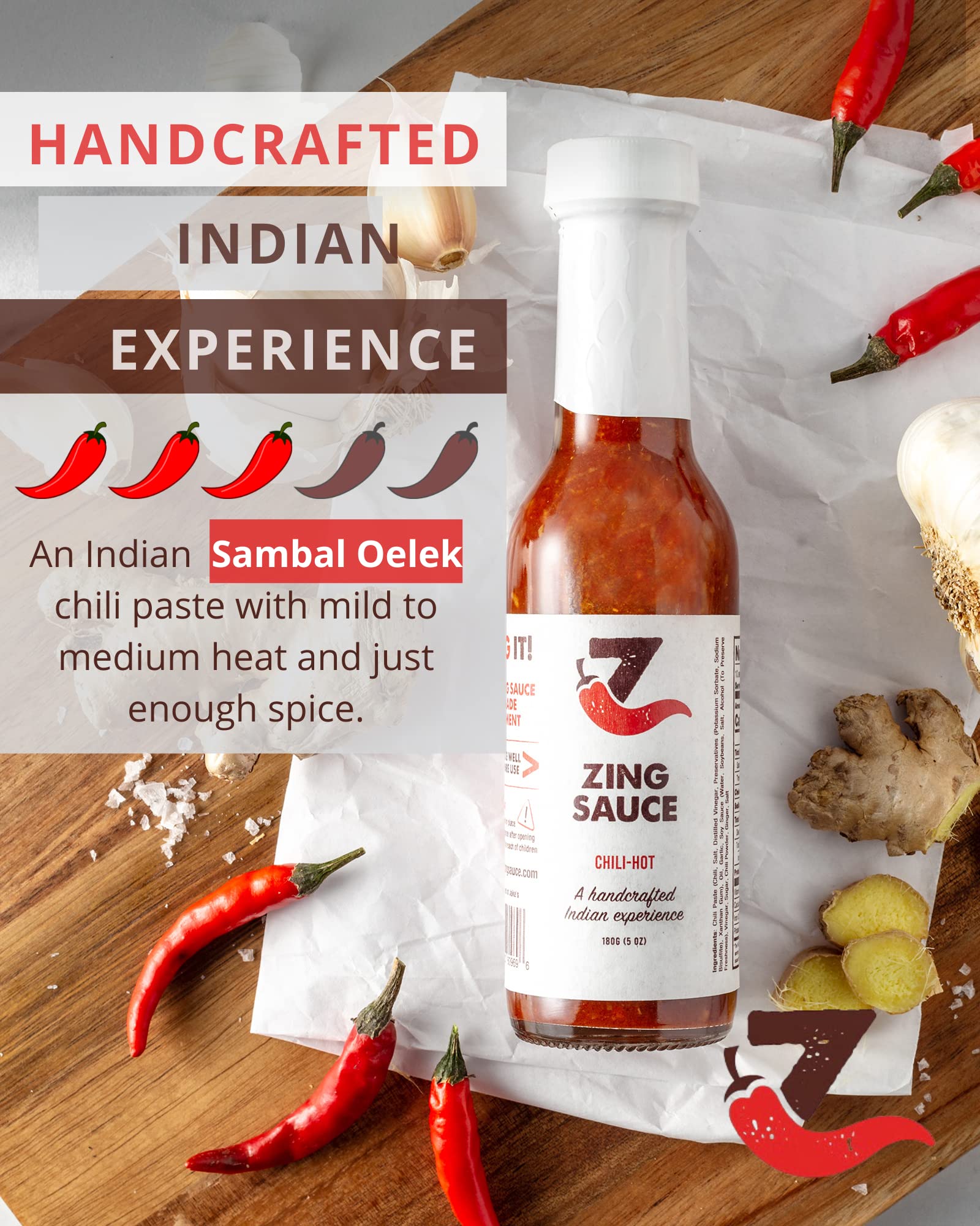 Zing Sambal Oelek Chili Garlic Hot Sauce - Spicy Ginger Garlic Sauce, 5 oz | All Natural, Vegan | Handcrafted Small Batch | For Cooking, Marinade