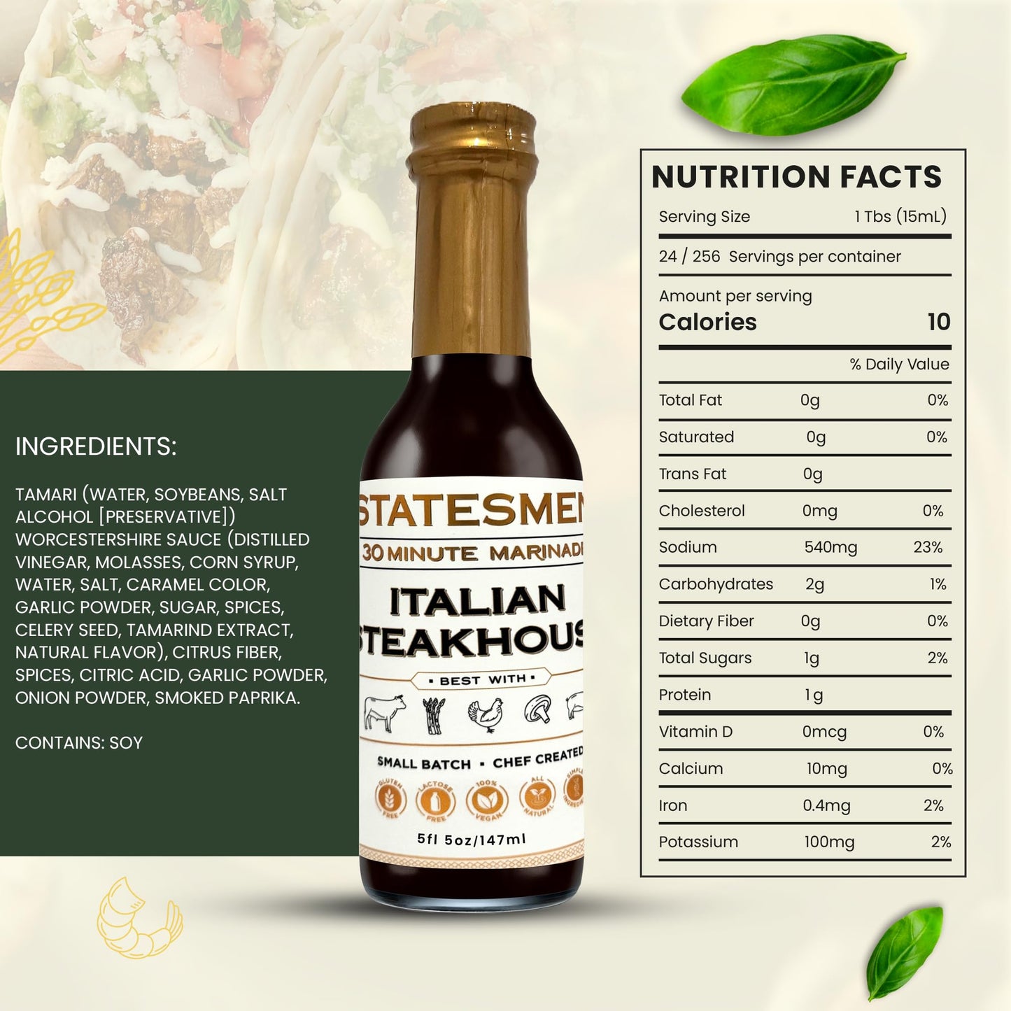 Statesmen Italian Steakhouse 30 Minute Marinade, 5 oz - Gluten-Free, Vegan, Lactose-Free Italian Herb Marinade for Chicken, Steak, Pork & Vegetables