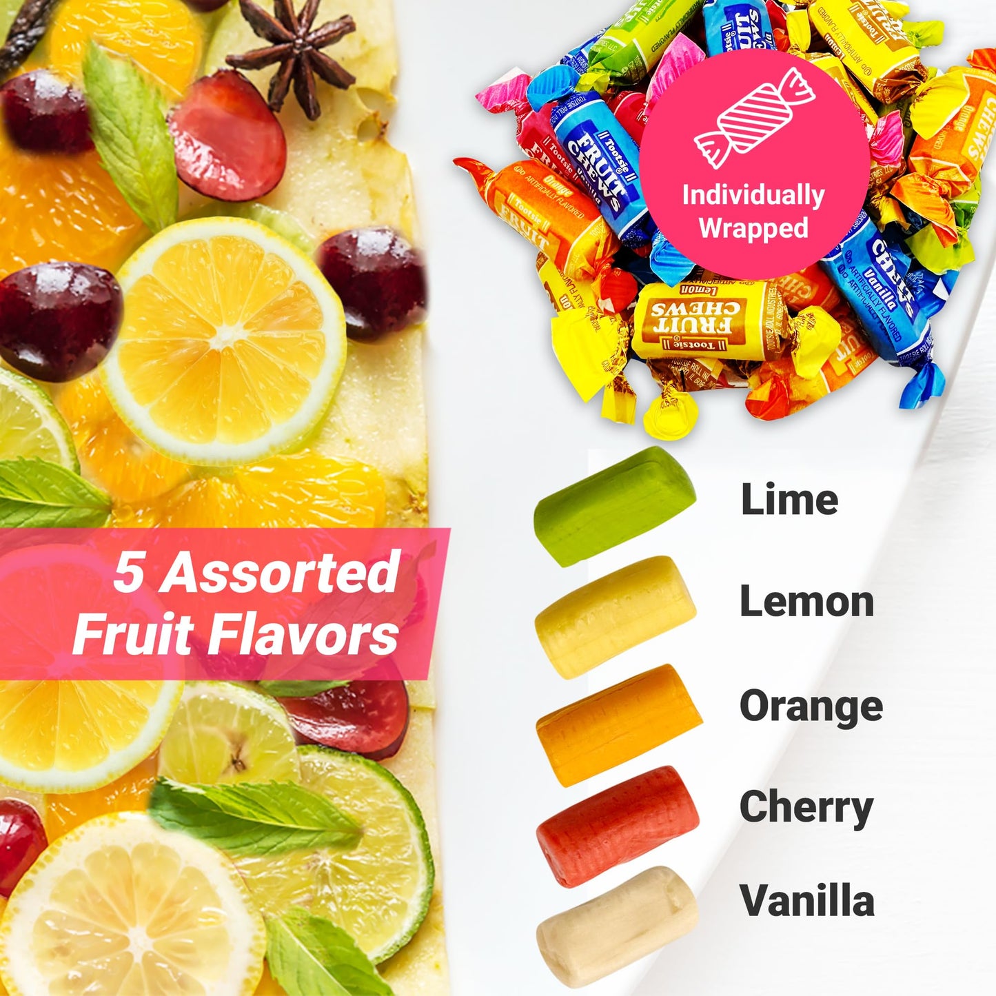 Fruit Chews Candy - 2 Pounds Bulk Bag (Approx. 140 Pieces), Fruit Chews Rolls, 5 Assorted Flavors, Soft & Fruity Taffy Candy, Individually Wrapped