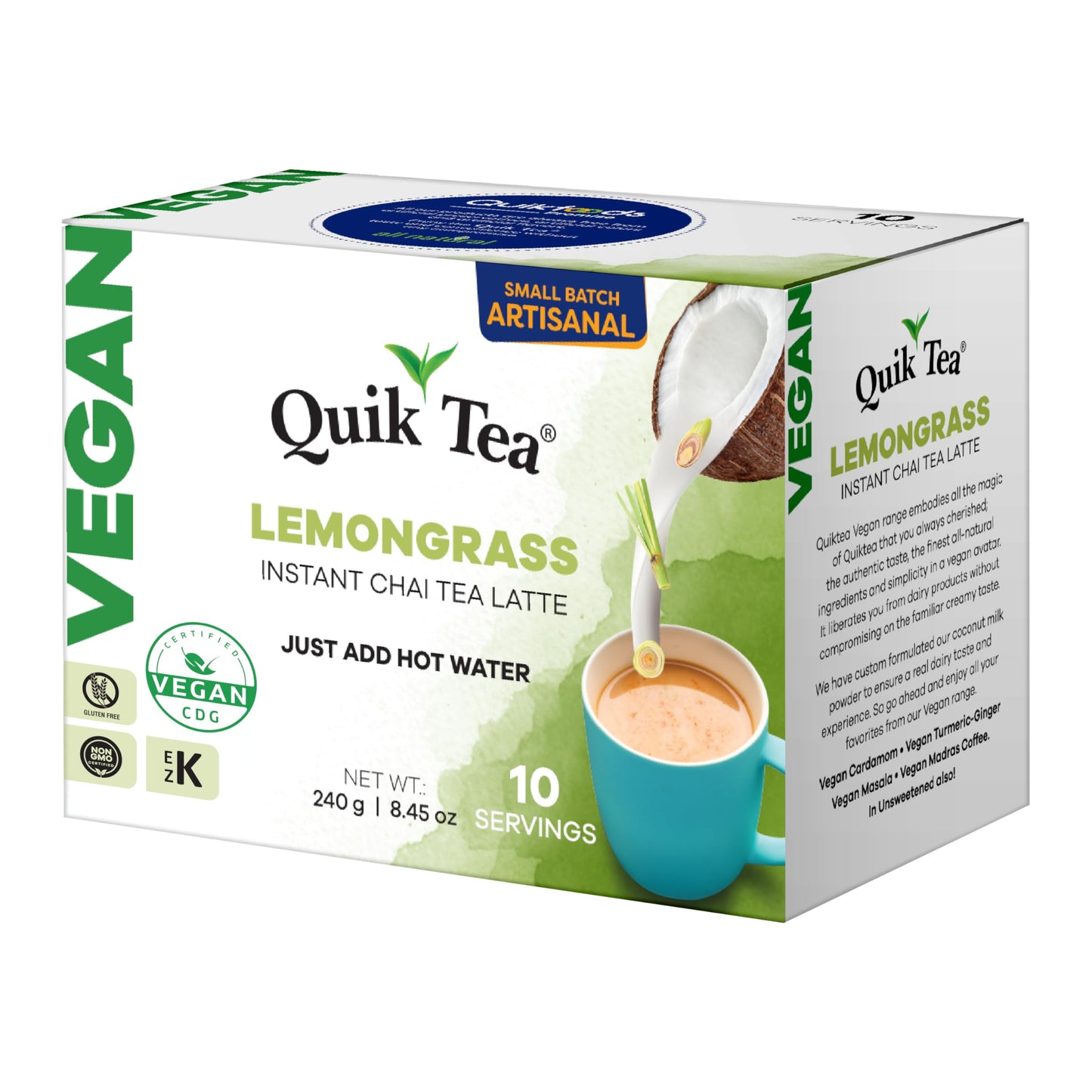 QuikTea Instant Vegan Lemongrass Chai Tea Latte - 10 Count, Refreshing lemongrass lift, low Caffeine, No artificial colors or preservatives, no dairy