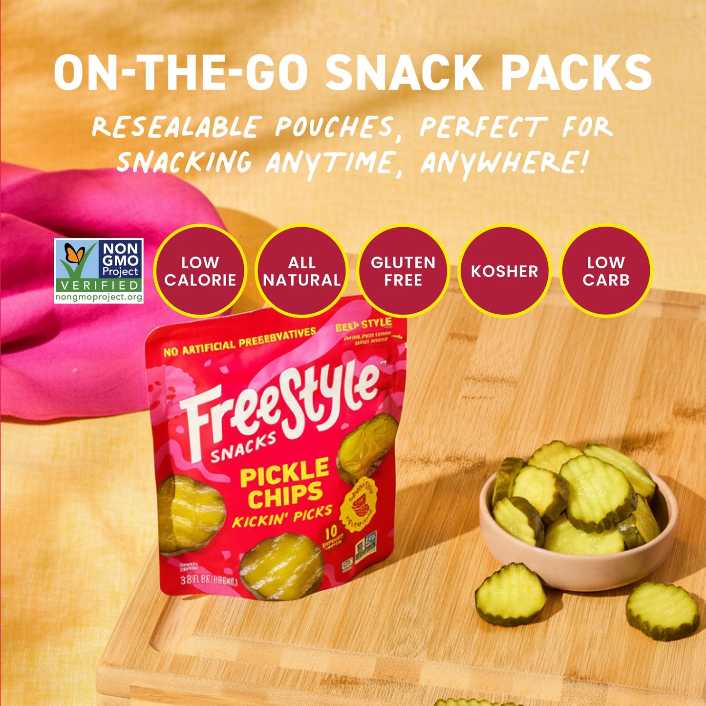 Freestyle Snacks Pickle Chip Snack Packs - Spicy Dill - All Natural, Fresh-Packed Deli-Style Pickles - Non-GMO, Kosher, Gluten-Free, Low Calorie