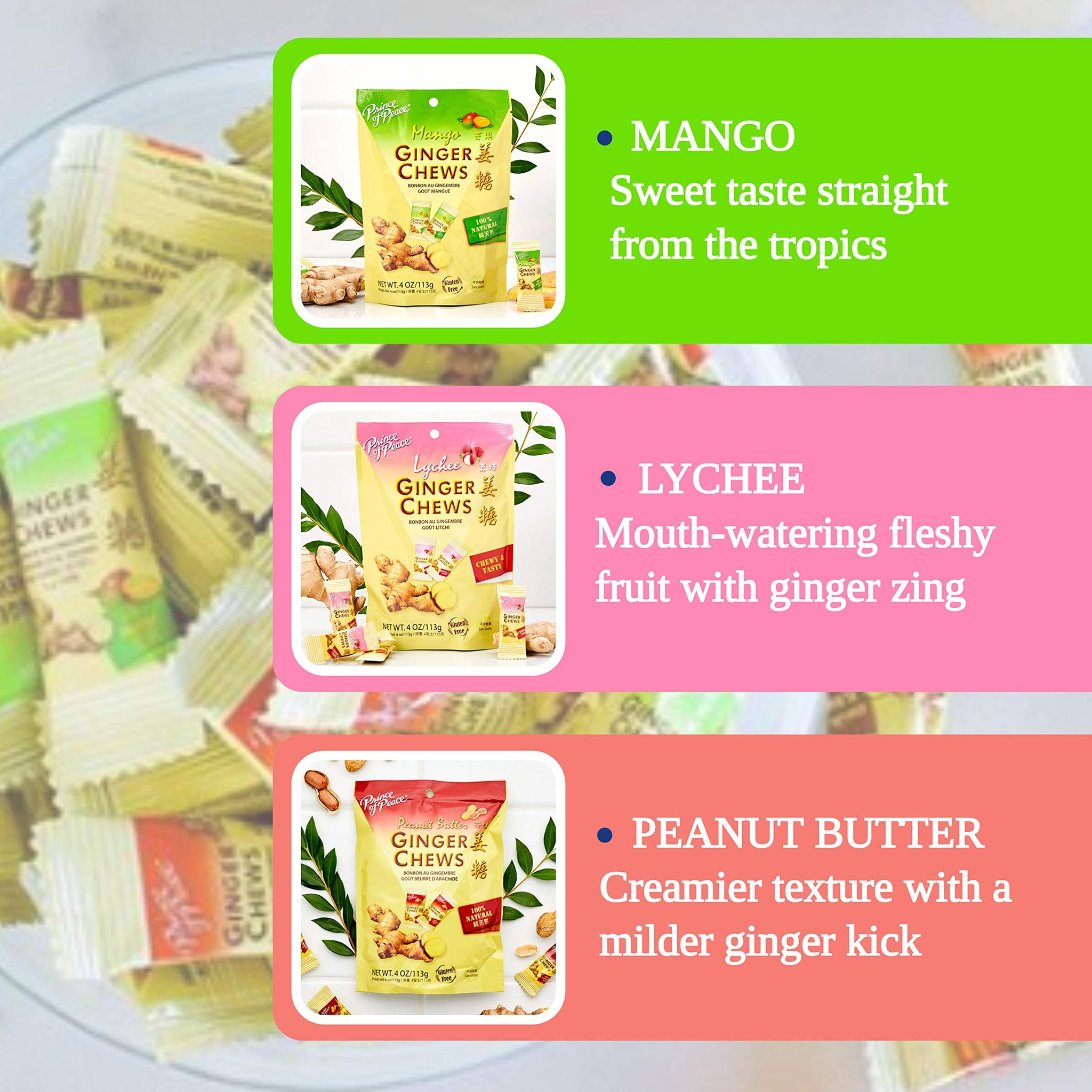 Prince of Peace Ginger Chews Candy Bundle - Original, Lemon, Orange, Mango, Lychee and Peanut Butter Flavors - 100% Natural, Vegan and Gluten-Free