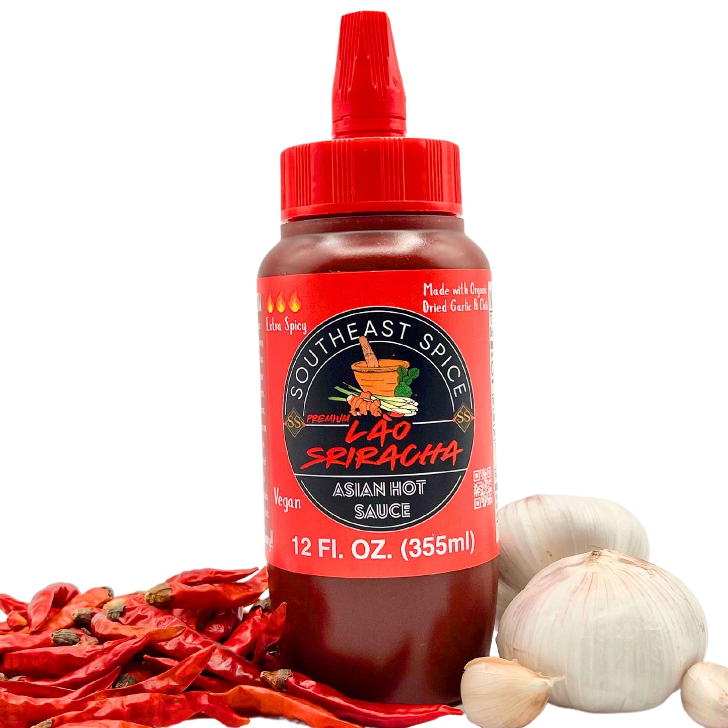 SOUTHEAST SPICE ORGANIC HOT SAUCE - Original Lao Sriracha, bottle red chili sweet garlic pepper siracha, extra Asian sauces, vegan premium natural