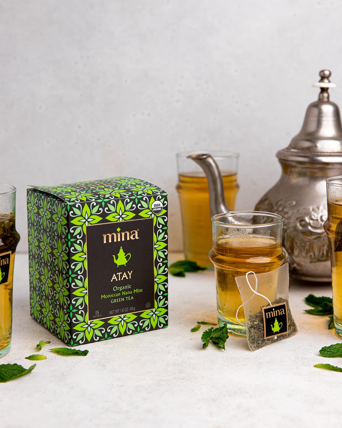 Mina Atay Moroccan Nana Mint Organic Green Tea, 15 Biodegradable Sachets - Refreshing Moroccan Mint Green Tea Bags, Moroccan Mint Tea Bags, Low in