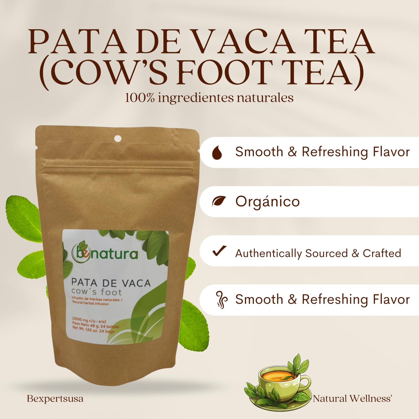 Pata de Vaca Té (Cow's Foot Tea) - 24 Bags - 100% Natural Infusion - Vegan, Non-GMO, Gluten-Free + Pata de Vaca Capsules - 1500 mg Per Serving, 90