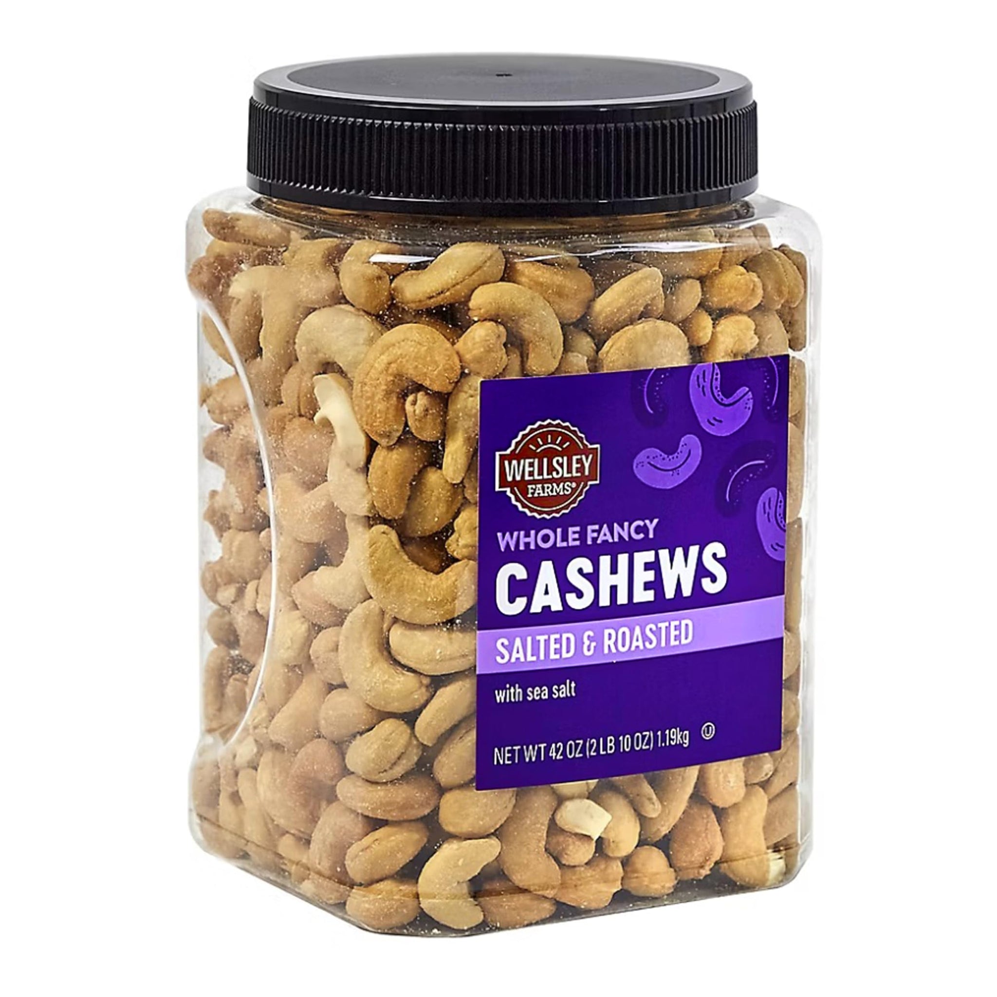 Wellsley Farms Whole Fancy Salted and Roasted with Sea Salt. Whole Cashews, 42 oz. Tub. Certified Kosher