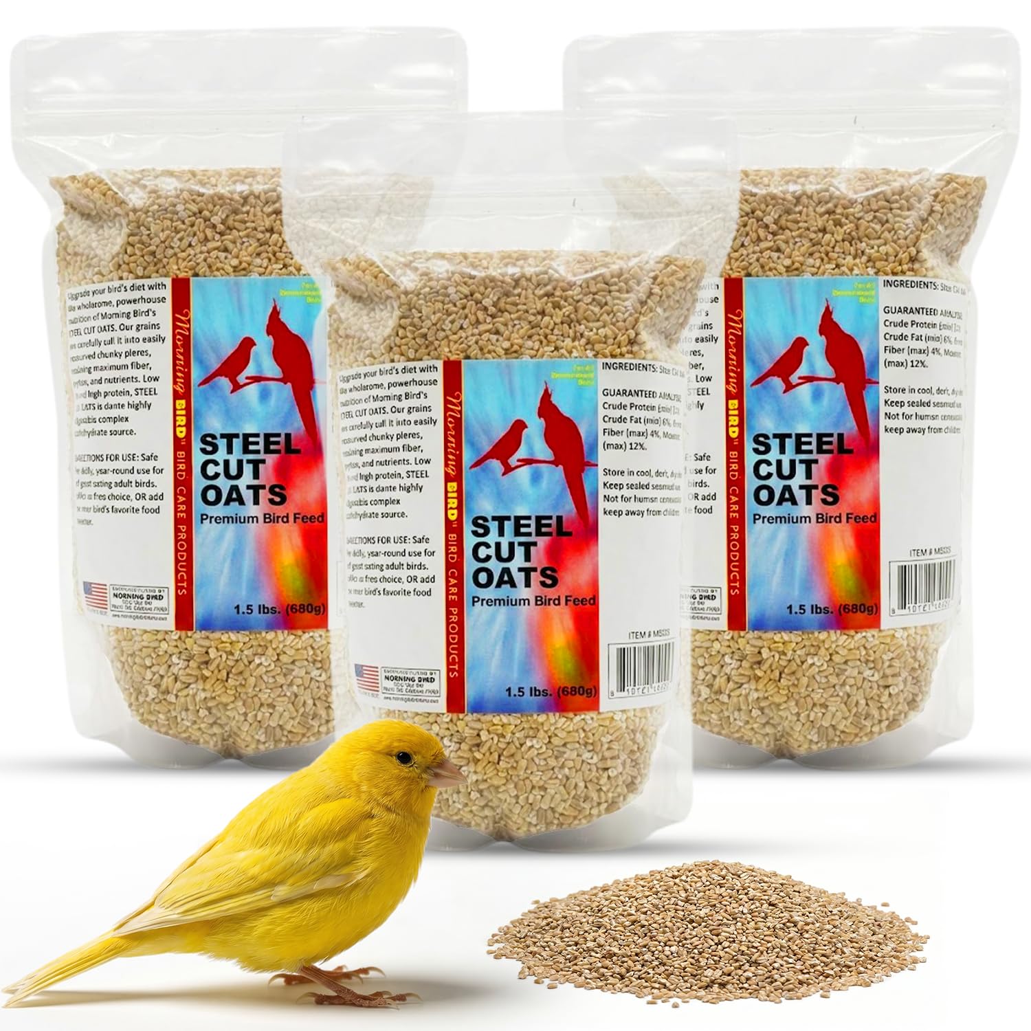 Morning Bird Steel Cut Oats 4.5 lb (3-Pack, 1.5 lb Each) - High Protein Natural Cut Oat Grain for Birds & Easy-to-Eat Pieces - Supports Balanced