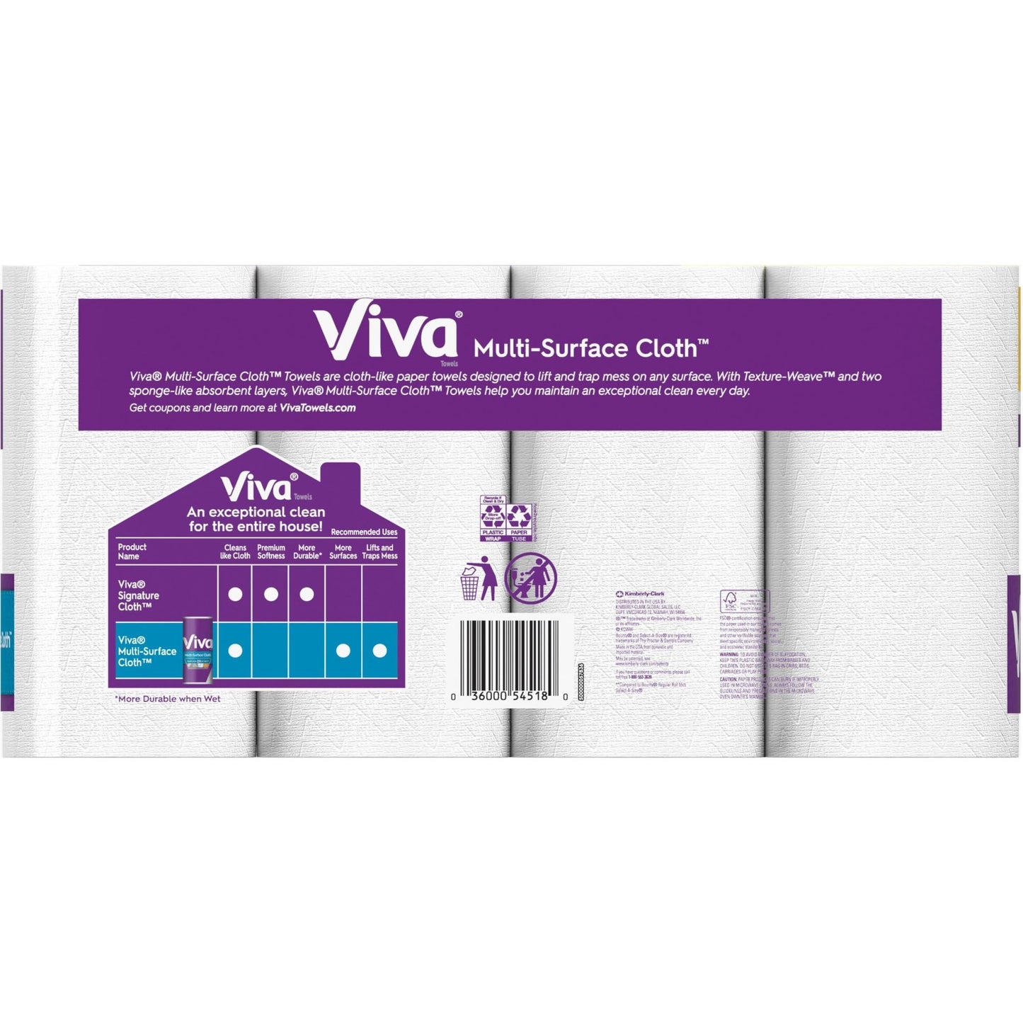 Viva Multi-Surface 2-Ply Cloth Towel Rolls, 11" x 5-15/16", White, 110 Sheets Per Roll, Pack Of 12 Rolls