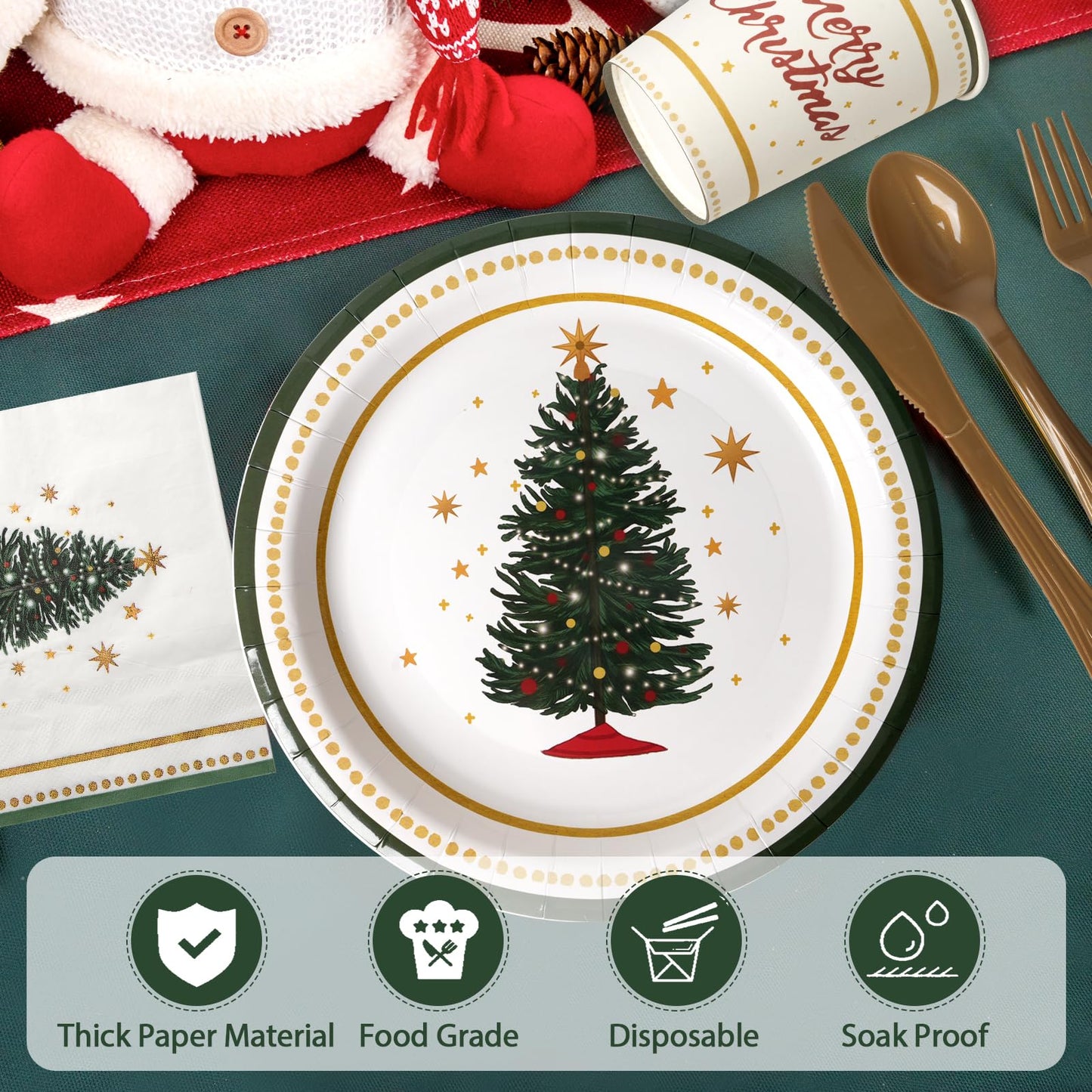 Dereinwo 175 Pcs Christmas Tree Party Supplies Table Set Christmas Paper Plates Napkins Cups Forks Knifes Spoons for Xmas Green and White Disposable