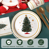 Dereinwo 175 Pcs Christmas Tree Party Supplies Table Set Christmas Paper Plates Napkins Cups Forks Knifes Spoons for Xmas Green and White Disposable