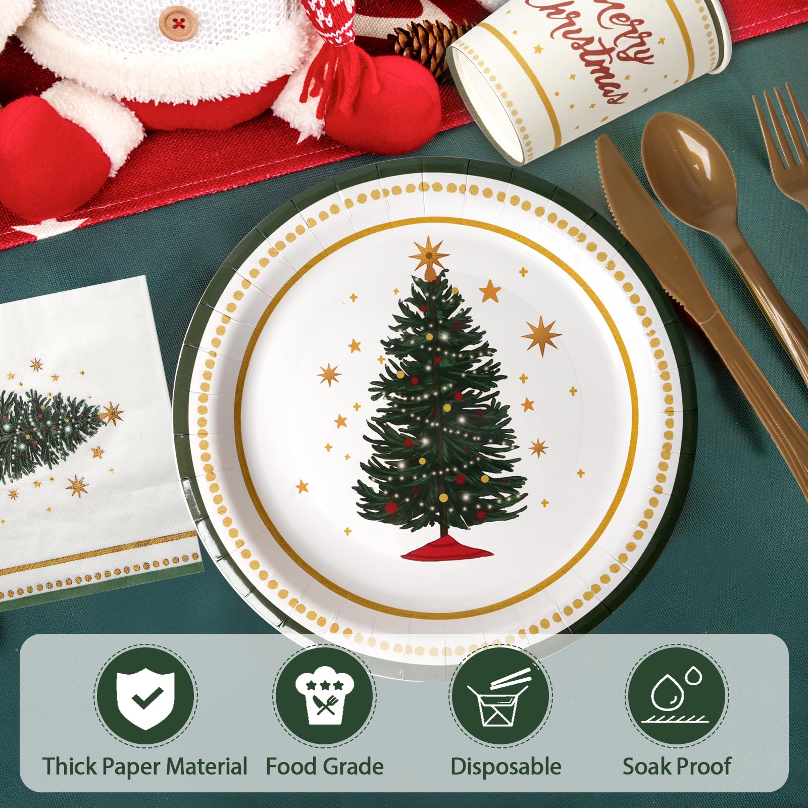Dereinwo 175 Pcs Christmas Tree Party Supplies Table Set Christmas Paper Plates Napkins Cups Forks Knifes Spoons for Xmas Green and White Disposable