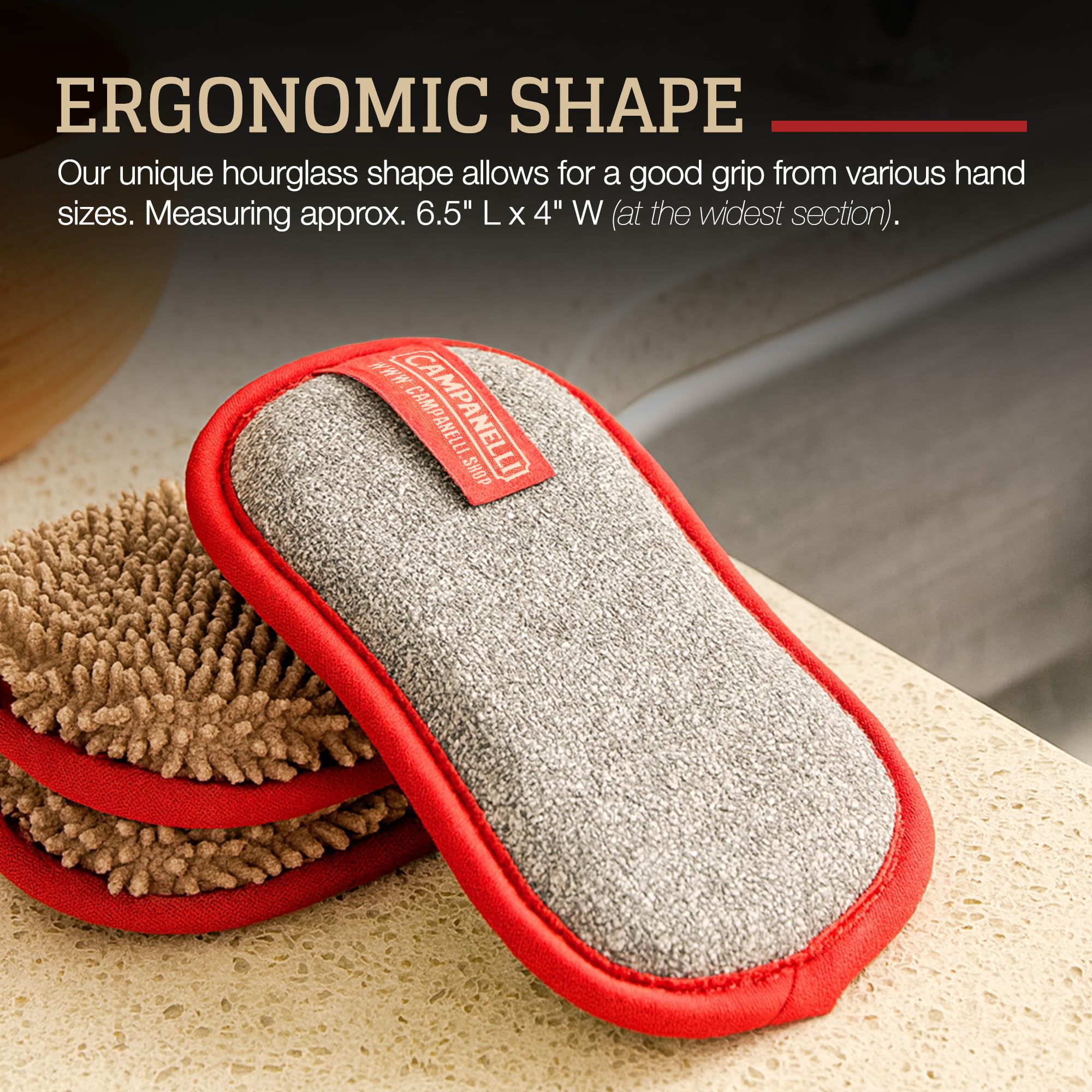 CAMPANELLI Premium Dual-Sided Dish Sponge | Chenille Microfiber & DiamondFiber Scrubber, Washable Reusable Sponges for Dishes Pots & Pans, Ergonomic