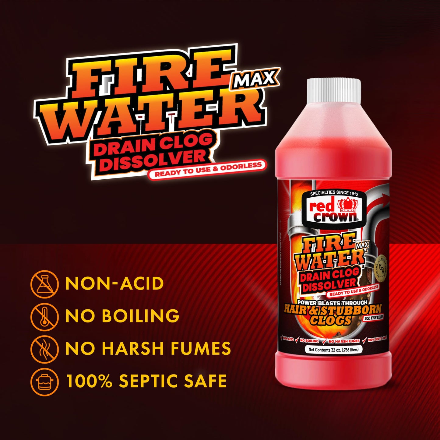 Fire Water Max Drain Clog Dissolver, Hair Clog Liquid Cleaner & Remover for Any Sink Shower Tub Pipe Drains Septic Safe, 5X Faster Action, 1 Quart