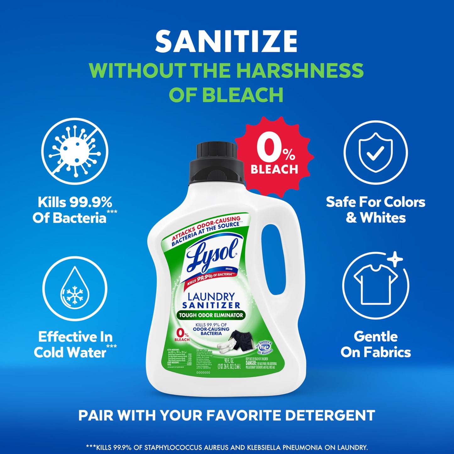 Lysol Tough Odor Eliminator Laundry Sanitizer Additive, Sanitizing Liquid for Gym Clothes and Activewear, 0% Bleach, Eliminates Odor Causing Bacteria