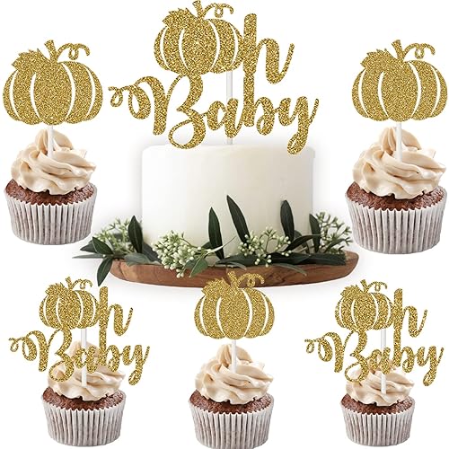 Pumpkin Oh Baby Cupcake Toppers + Cake Topper 25pcs Kit |Pumpkin Birthday Party Cake Decoration Set for Thanksgiving, Autumn/Fall Theme, Baby Shower