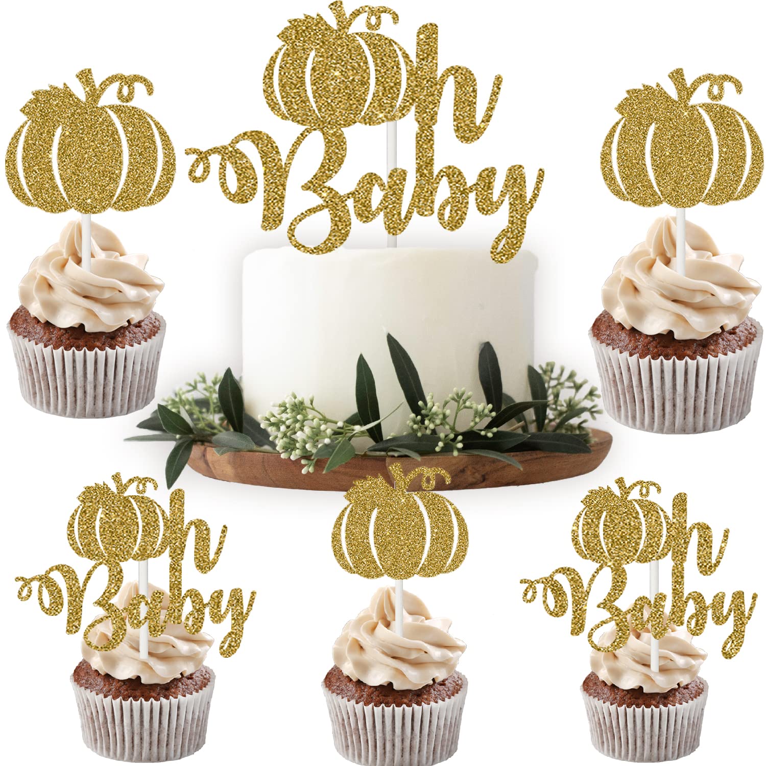 Pumpkin Oh Baby Cupcake Toppers + Cake Topper 25pcs Kit |Pumpkin Birthday Party Cake Decoration Set for Thanksgiving, Autumn/Fall Theme, Baby Shower