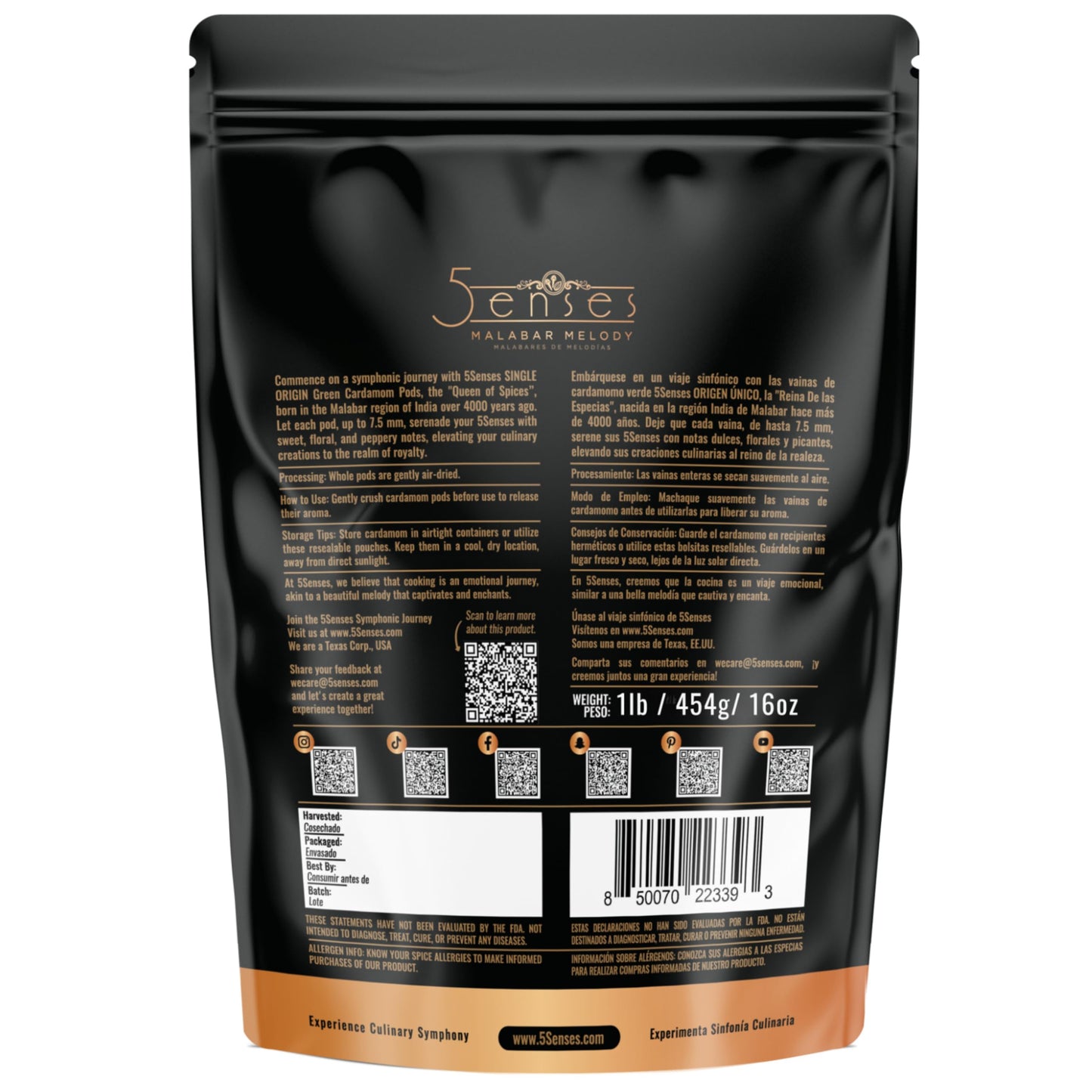 5Senses Green Malabar Cardamom Pods | Cardamomo | Malabar Melody | Single Origin, Non-GMO, Fairtrade Gourmet Spices, Whole Spices (454g/16oz/1lb)