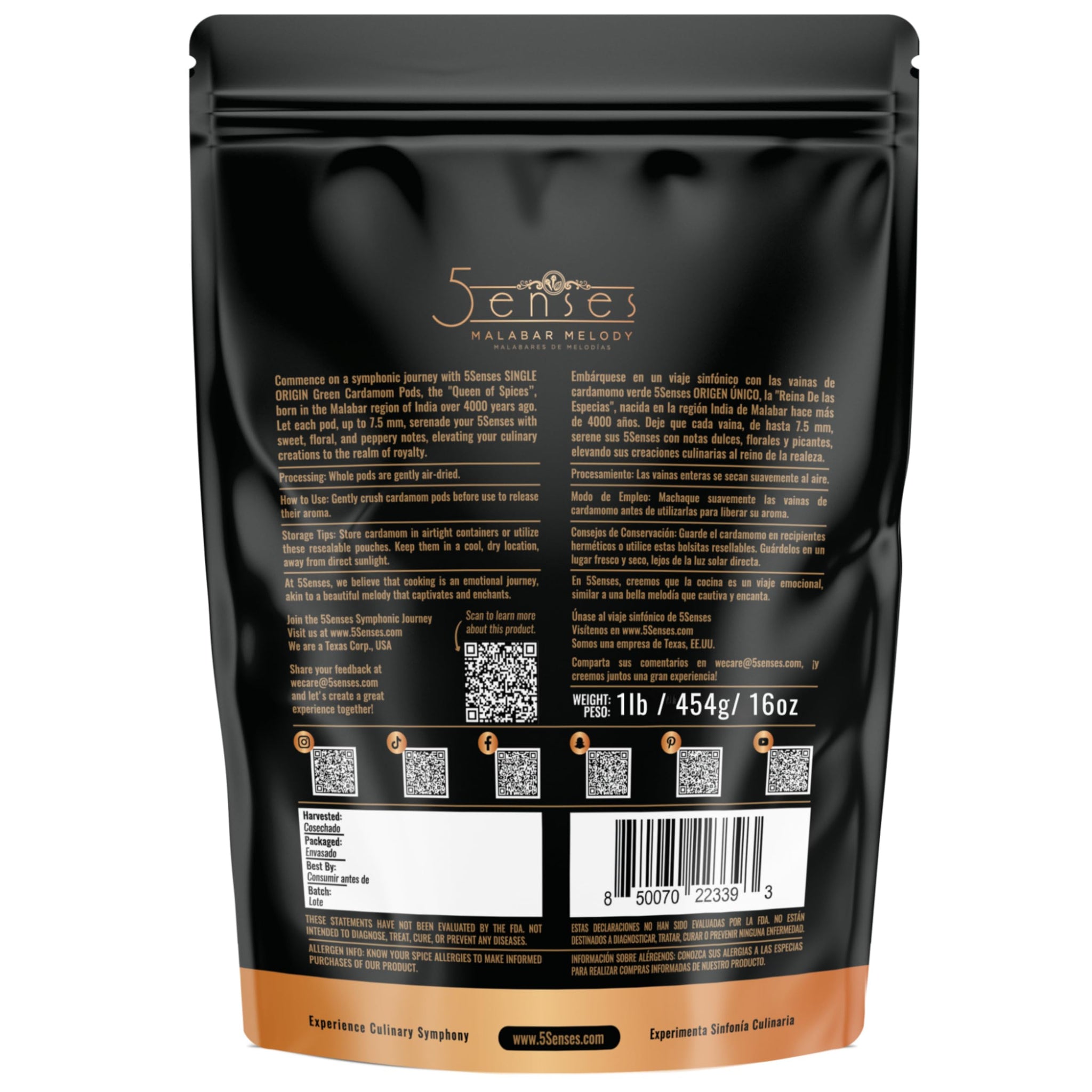 5Senses Green Malabar Cardamom Pods | Cardamomo | Malabar Melody | Single Origin, Non-GMO, Fairtrade Gourmet Spices, Whole Spices (454g/16oz/1lb)