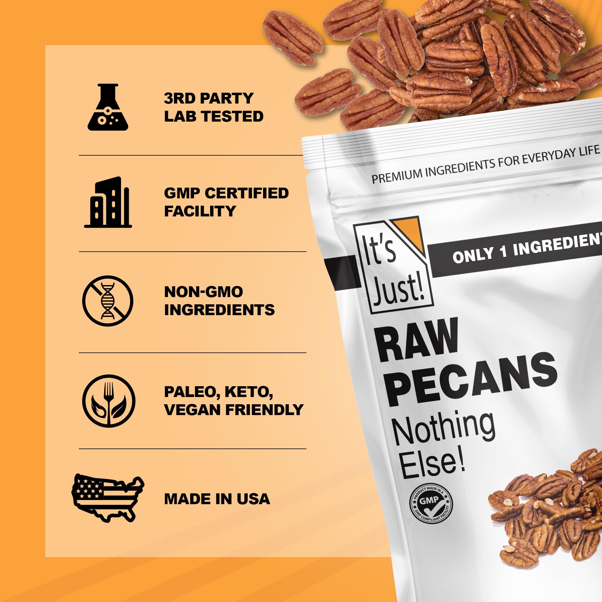 It's Just - Raw Pecans Halves, Unsalted, Jumbo XL, Ready to Eat or Roast, Fancy Premium Nuts, Product of USA (15 Ounce (Pack of 1))