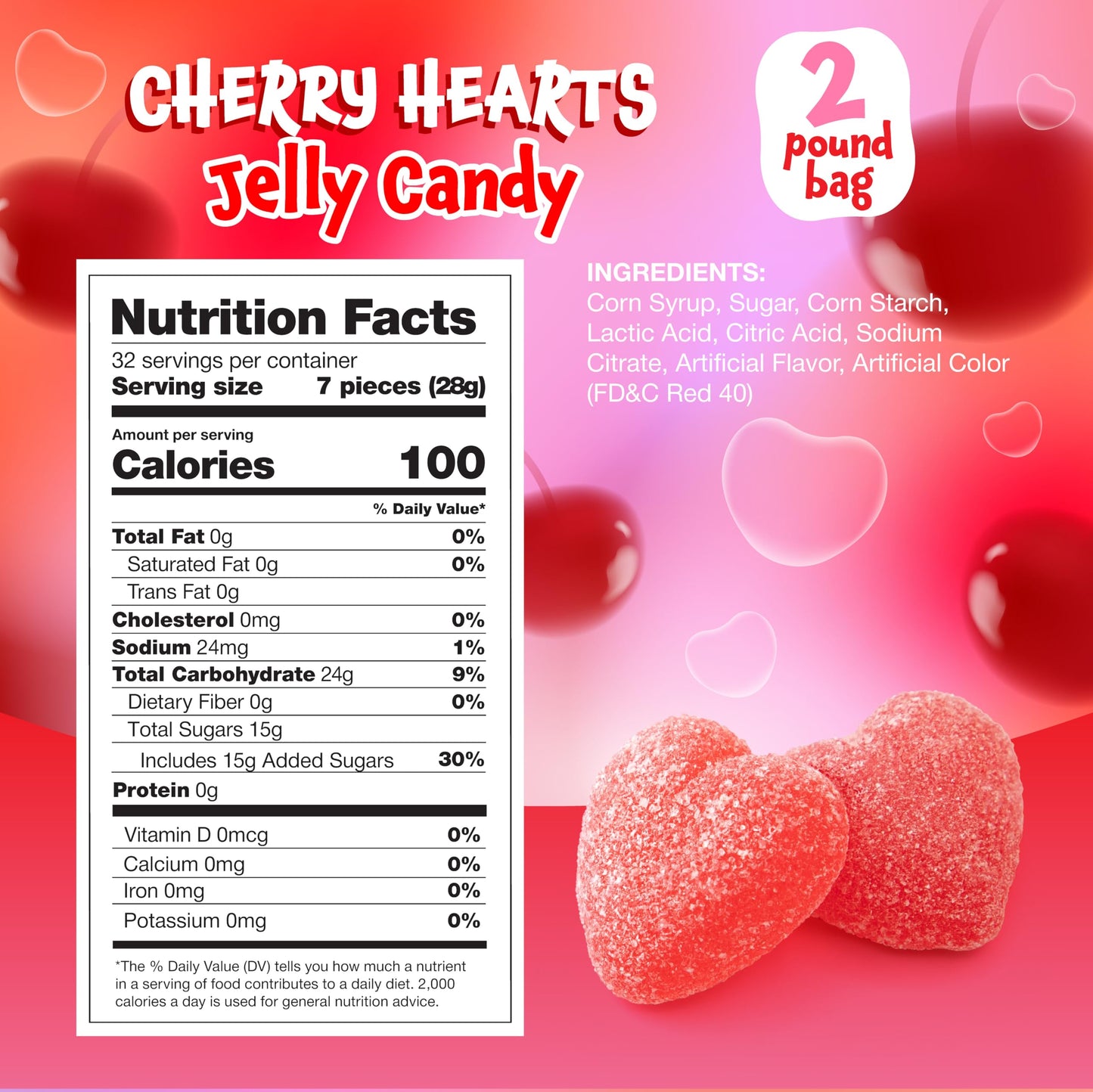 Cherry Hearts - 2 Pound Pack - Mothers Day Candy - Chewy Candy - Classic Pink Jelly Candies for Buffets, Party Favors, Dessert Decorating & Gifting