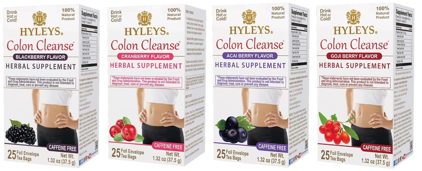 Hyleys Colon Cleanse Tea Variety Pack - Cranberry, Blackberry, Acai Berry, and Goji Berry Flavors - 100 Tea Bags