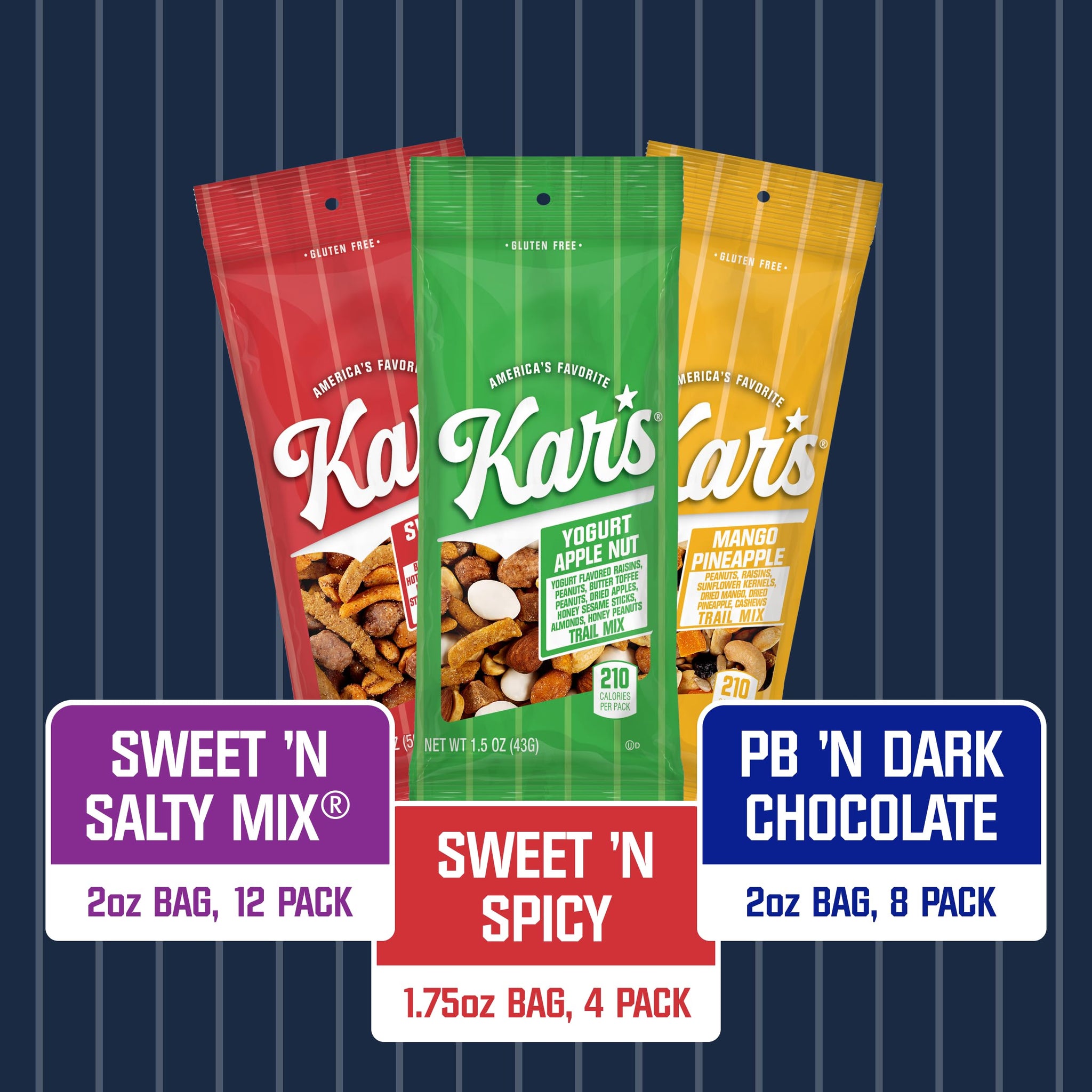 Kar’s Nuts Sweet ‘N Salty Trail Mix Variety Pack, Pack of 24 - Sweet ‘N Salty, Sweet ‘N Spicy, Peanut Butter ‘N Dark Chocolate - Individually Wrapped