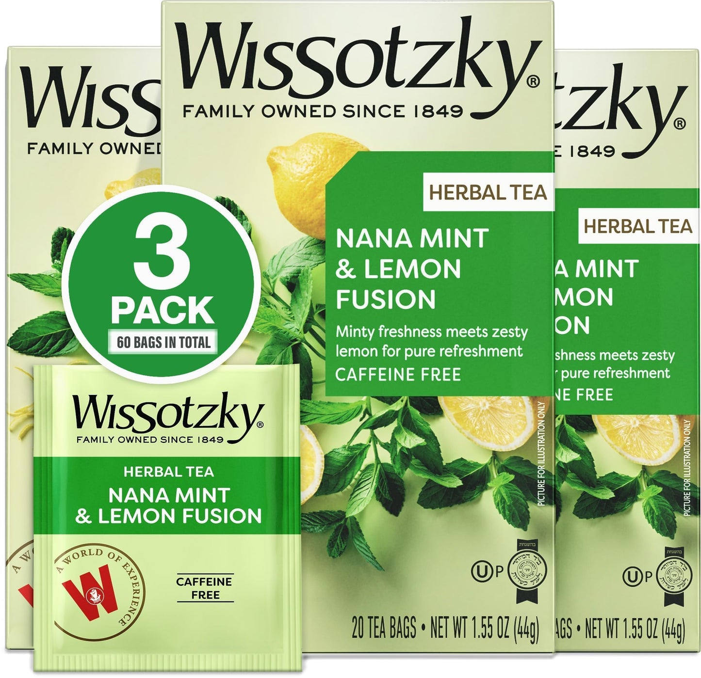 Wissotzky Nana Mint & Lemon Fusion Herbal Tea (3 Pack - 60 Tea Bags) | Invigorating Blend | Caffeine Free Tea | Digestive Support