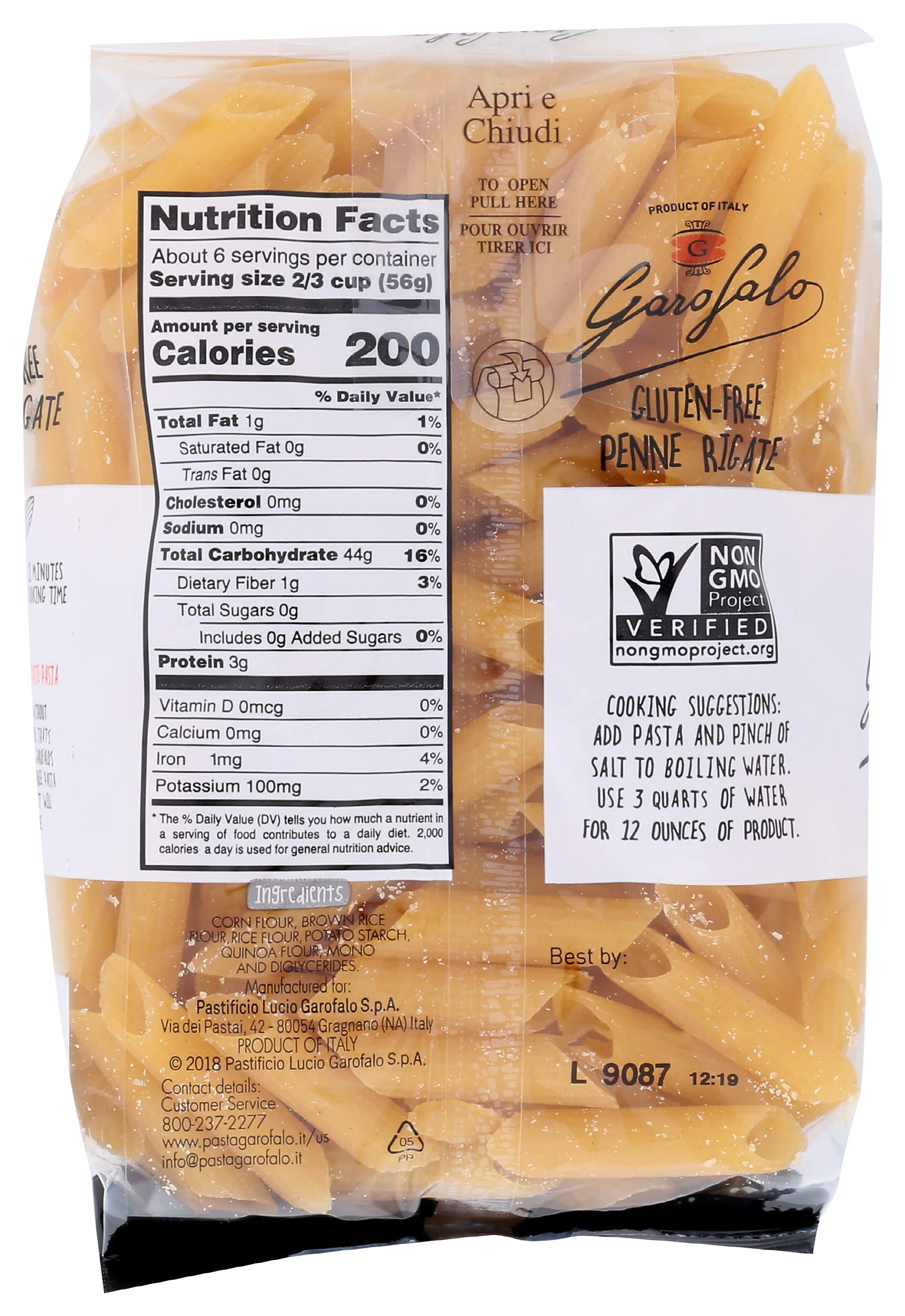 Garofalo, Pasta Corn Rice Quinoa Penne Rigate, 12 Ounce
