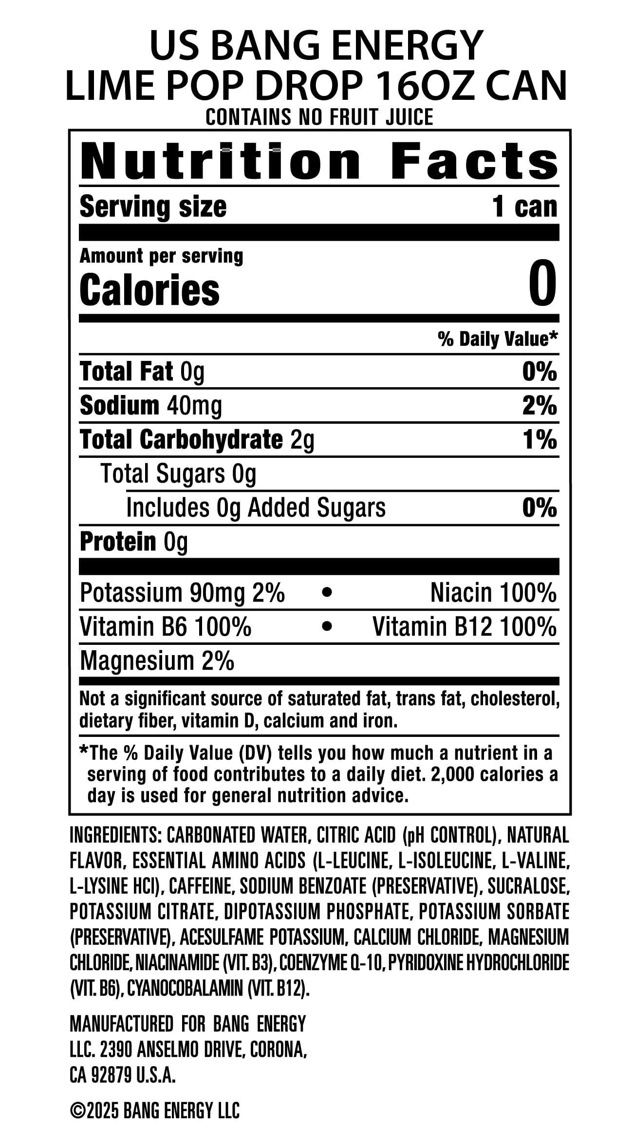 Bang Energy Lime Pop Drop, Sugar-Free Energy Drink, 16-Ounce (Pack of 12)