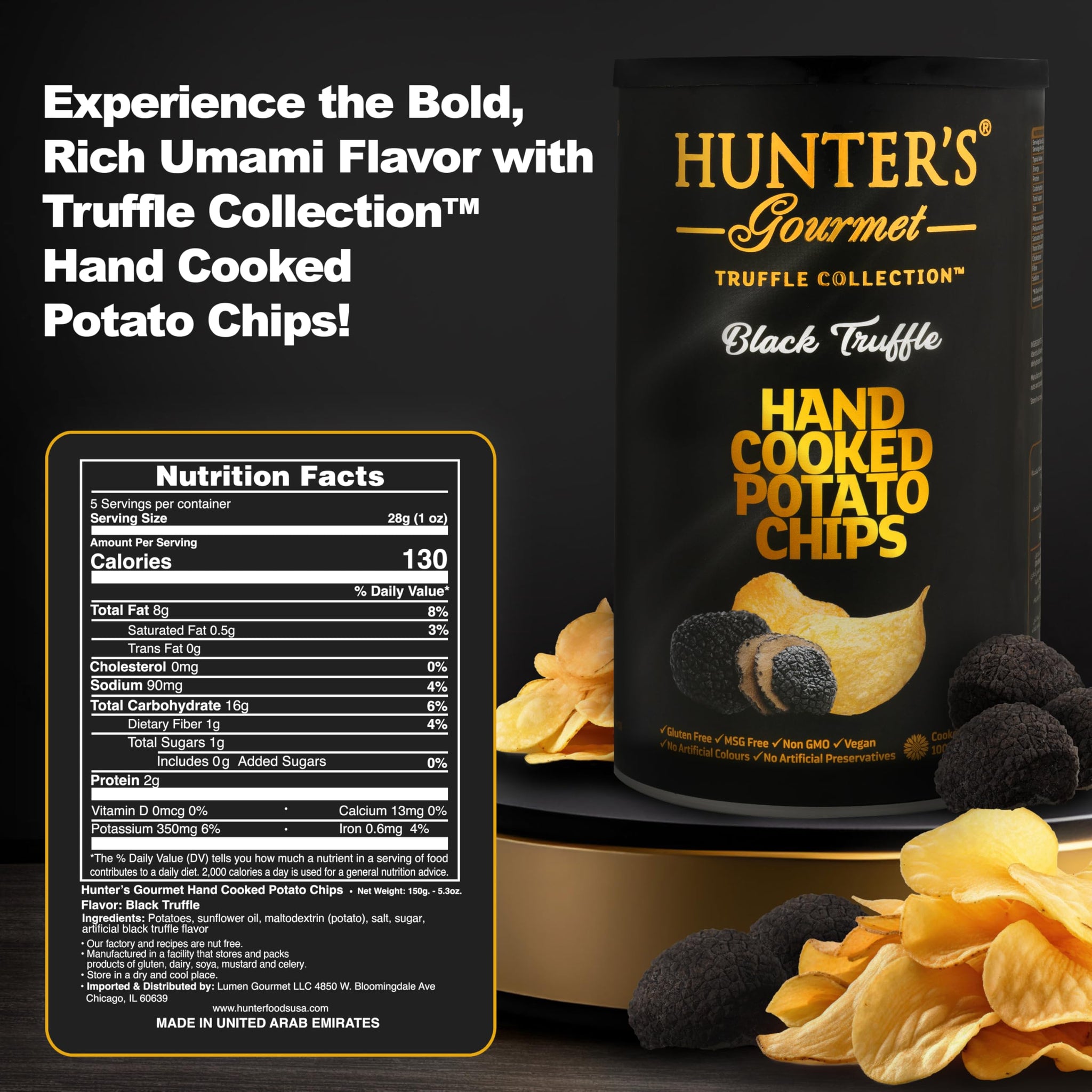 HUNTER'S Gourmet Dubai Black Truffle Crisps | Handcut Vegan & Gluten-Free Chips | Made in Nut-Free Facility | No Artificial Colors | Premium Can |