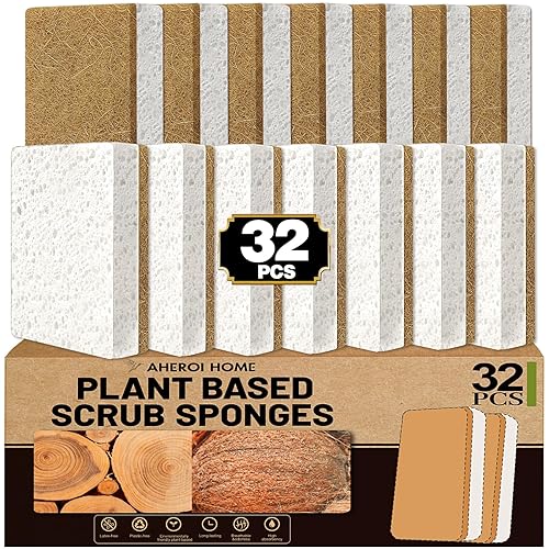 Aheroi Natural Dish Sponge, 32 Count FSC Certified Plant-Based Biodegradable Compostable Kitchen Sponges for Dishes Bulk, Organic Eco Friendly