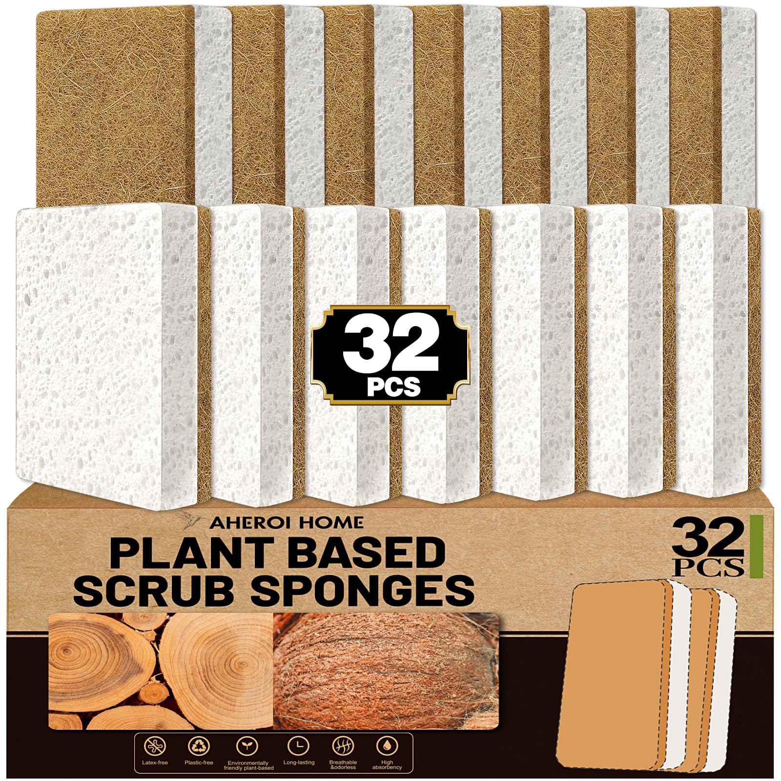 Aheroi Natural Dish Sponge, 32 Count FSC Certified Plant-Based Biodegradable Compostable Kitchen Sponges for Dishes Bulk, Organic Eco Friendly