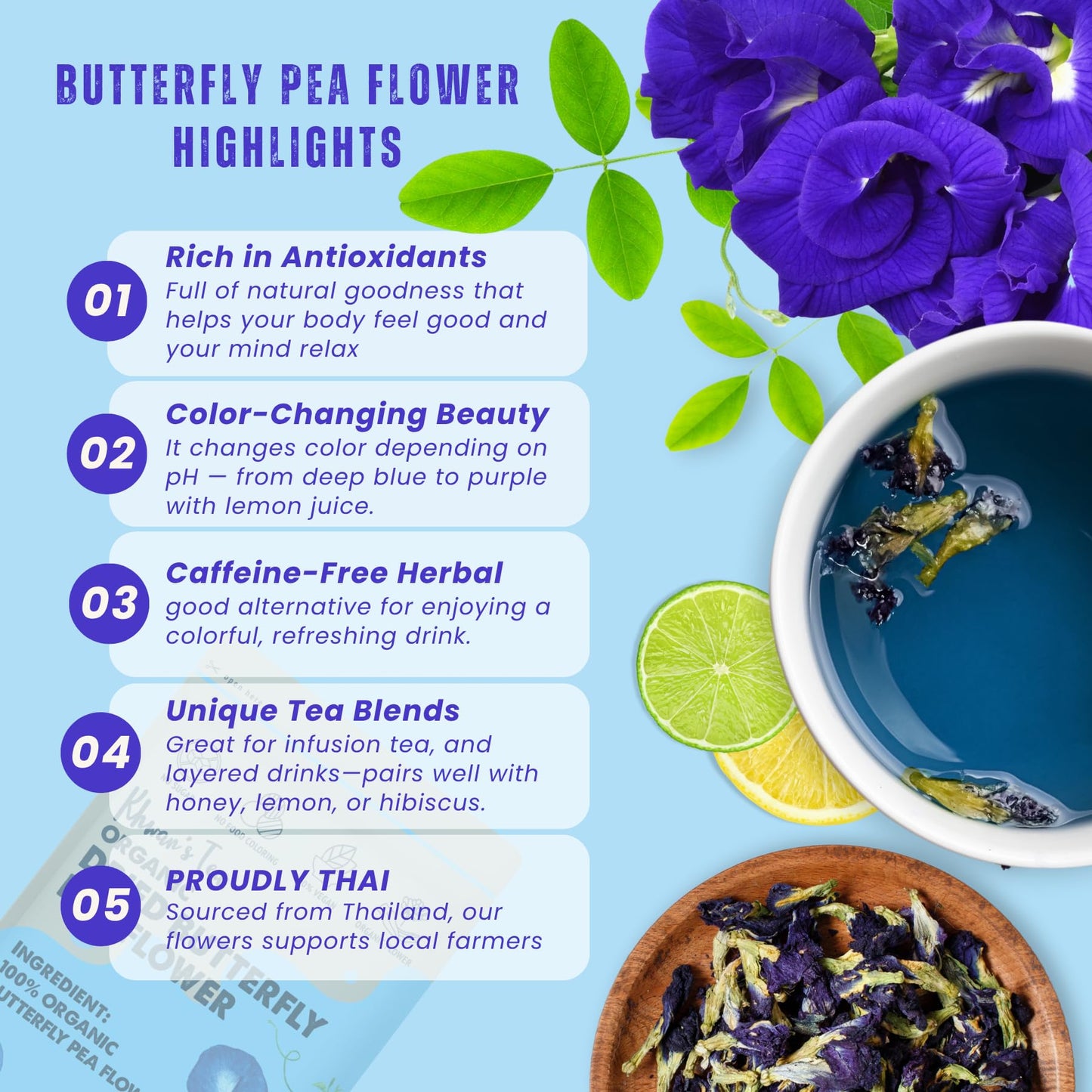 KHWAN'S TEA Butterfly Pea Flower Tea, USDA Organic Loose Dried Whole Flowers 1.8 oz (50g), 120+ Cups, Caffeine-Free Antioxidant-Rich Herbal Tea