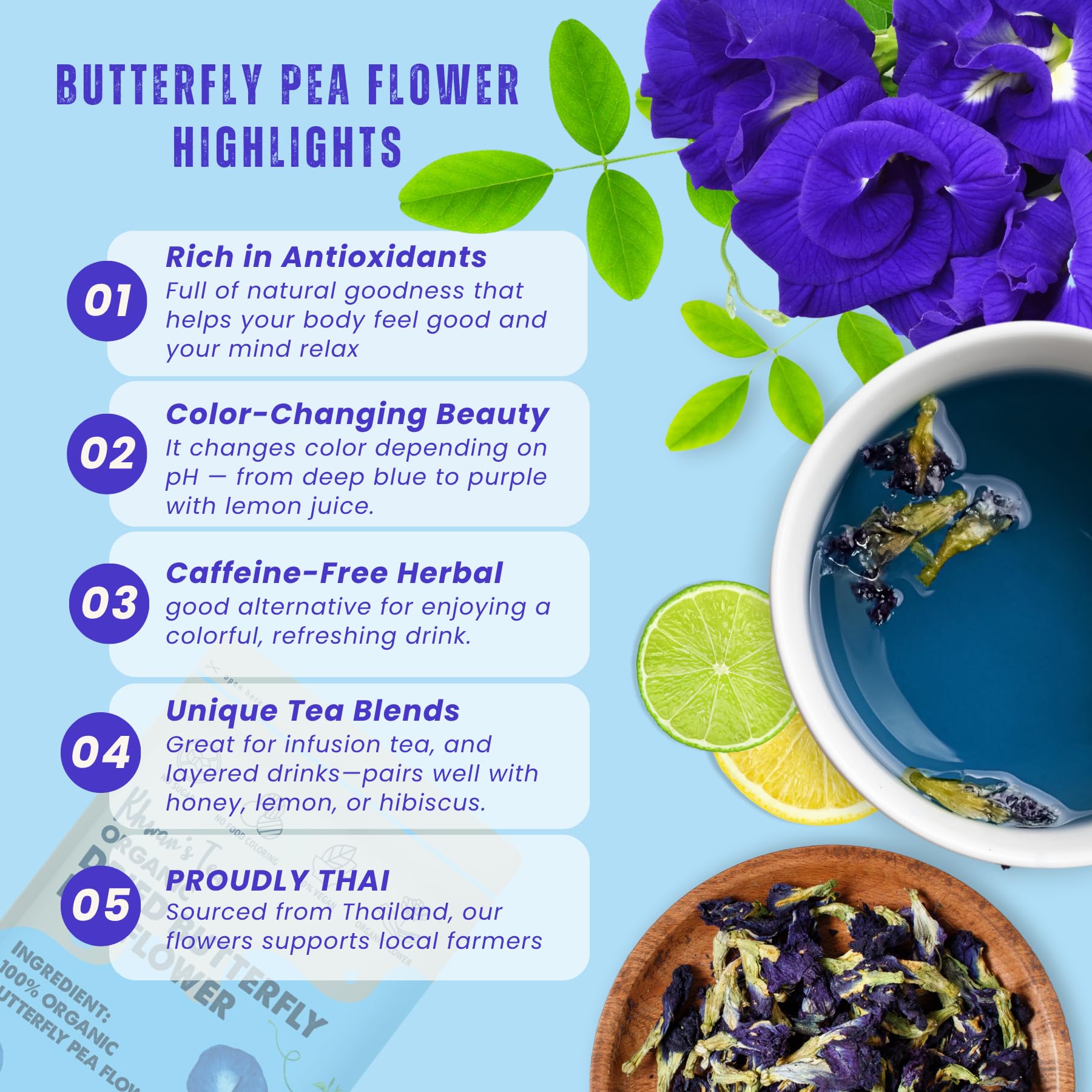 KHWAN'S TEA Butterfly Pea Flower Tea, USDA Organic Loose Dried Whole Flowers 1.8 oz (50g), 120+ Cups, Caffeine-Free Antioxidant-Rich Herbal Tea