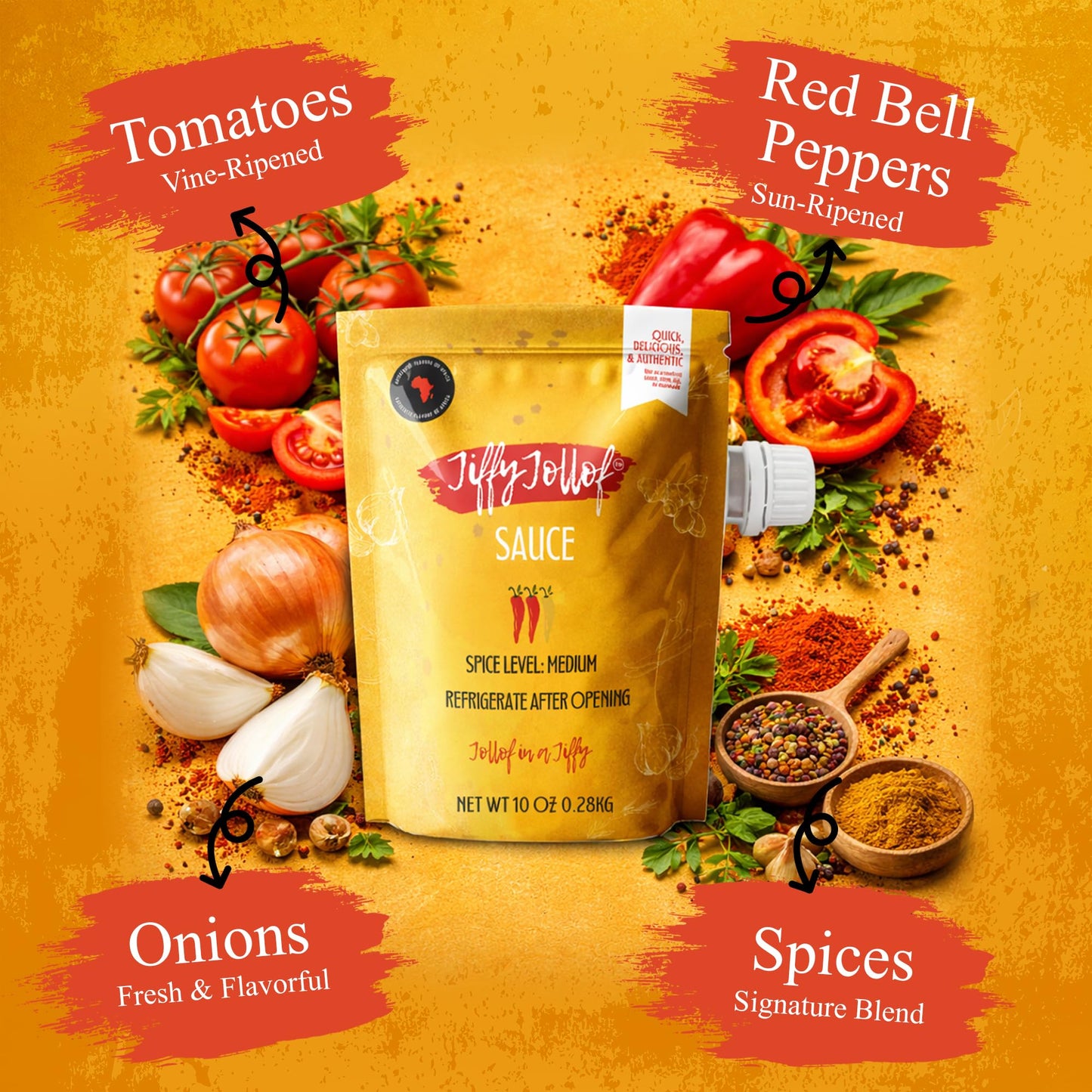 Jiffy Jollof Sauce, Authentic Nigerian Tomato Pepper Blend for One-Pot Meals, Spicy Pasta, Roasted Bell Pepper Stew, Hot Cooking Sauce, 10oz Food