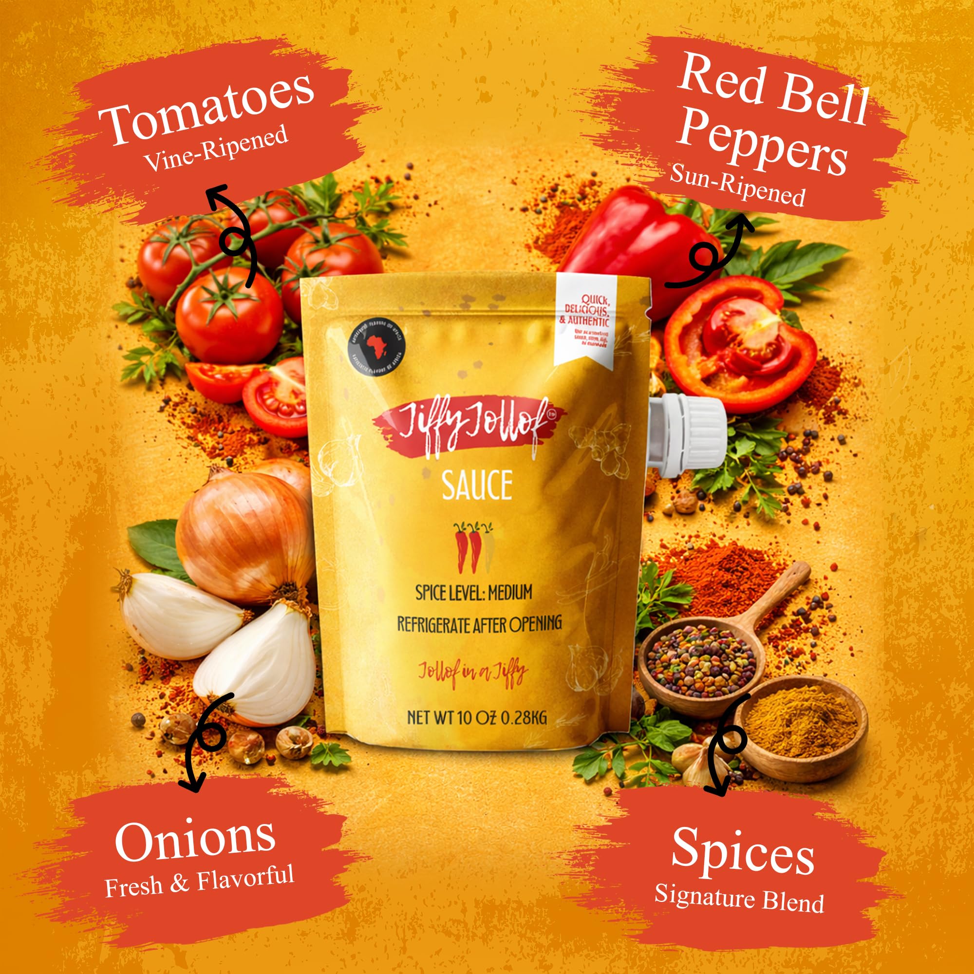 Jiffy Jollof Sauce, Authentic Nigerian Tomato Pepper Blend for One-Pot Meals, Spicy Pasta, Roasted Bell Pepper Stew, Hot Cooking Sauce, 10oz Food