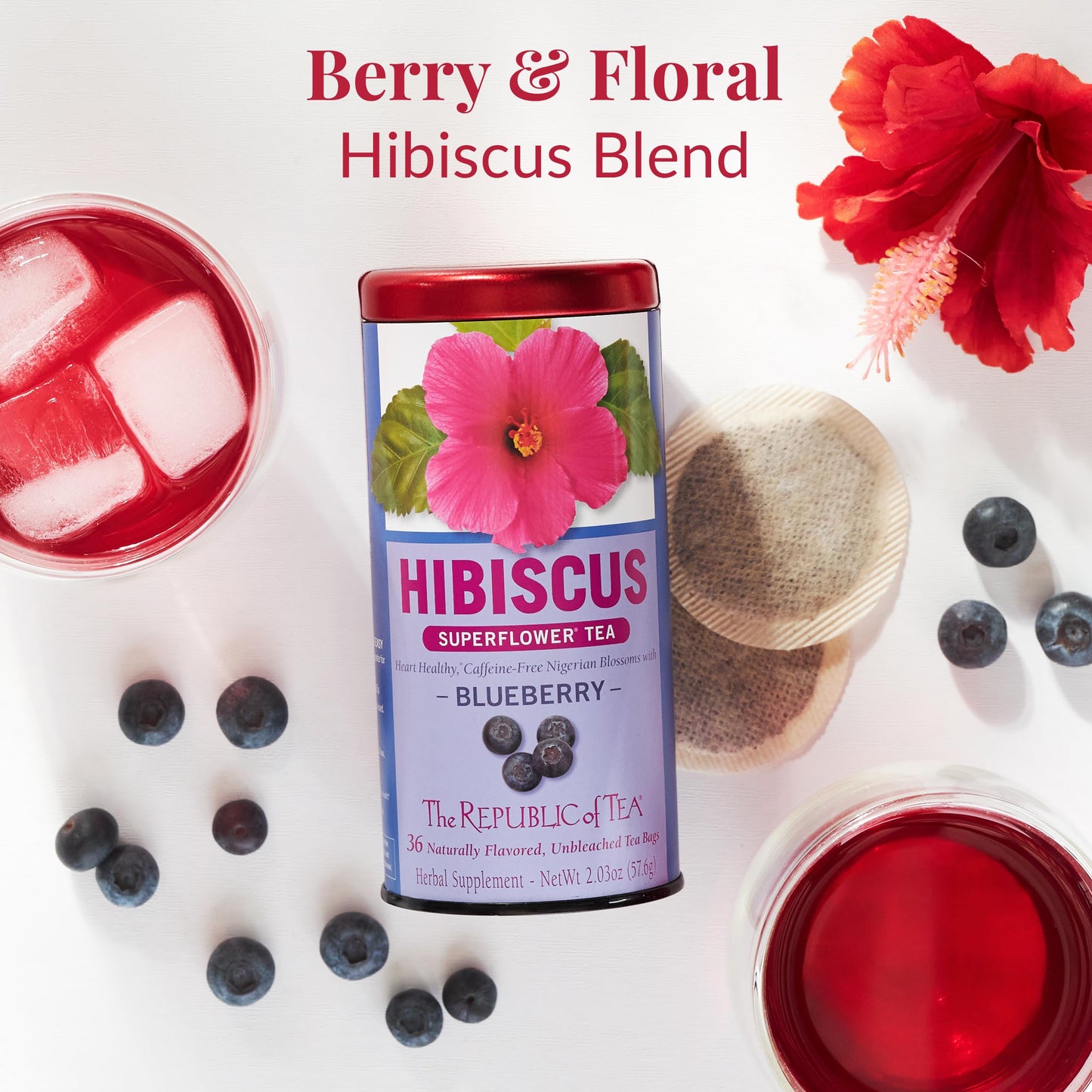 The Republic of Tea Hibiscus Blueberry Superflower Herbal Tea, 36 Tea Bag Refill