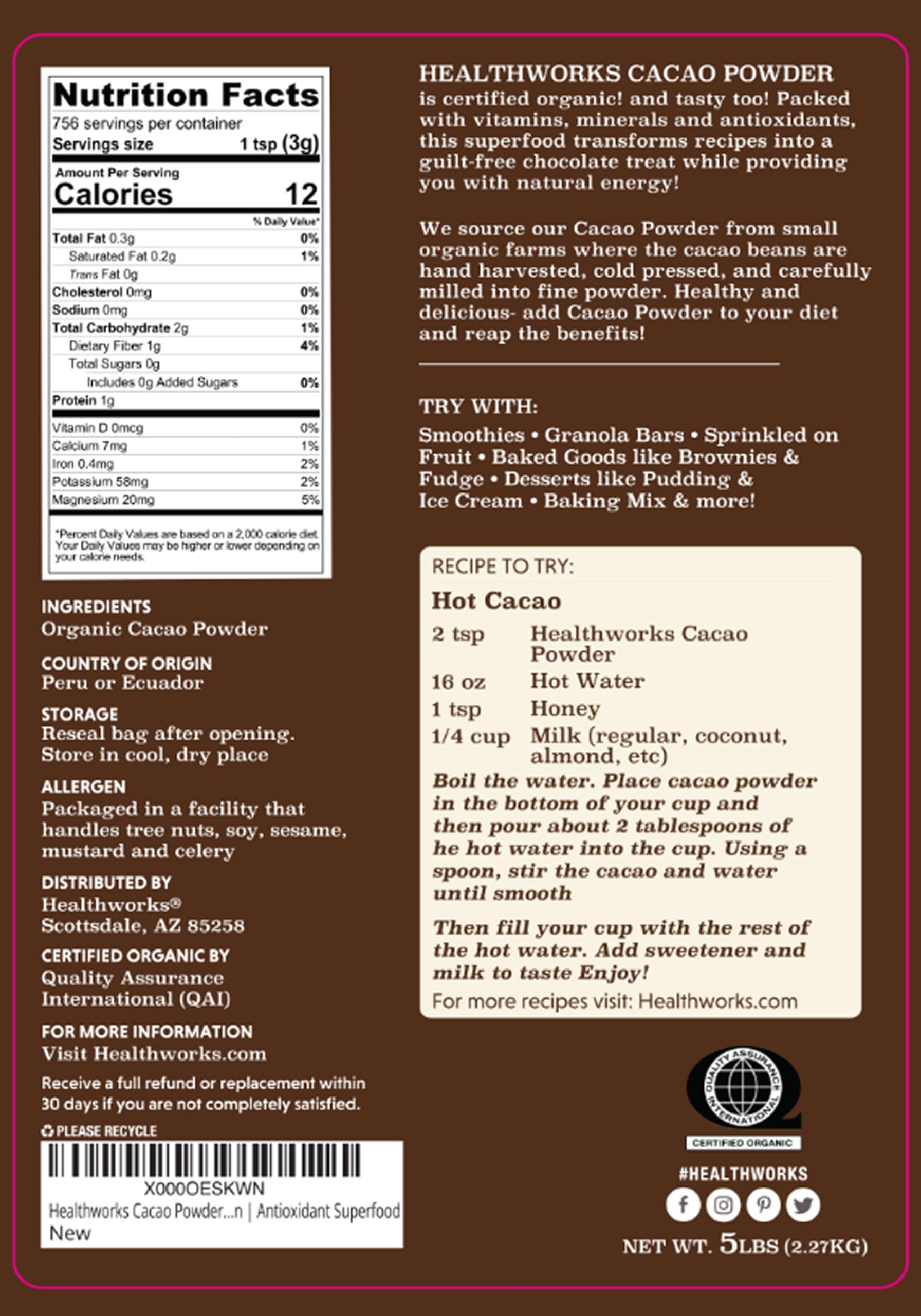 Healthworks Superfoods Organic Cacao Powder - 80 Oz / 5 Lb - Cocoa Chocolate Substitute - Rich Chocolate Flavour - Sugar-Free, Keto, Vegan & Non-GMO - Peruvian Bean/Nut Origin - Antioxidant Superfood - Packaging May Vary