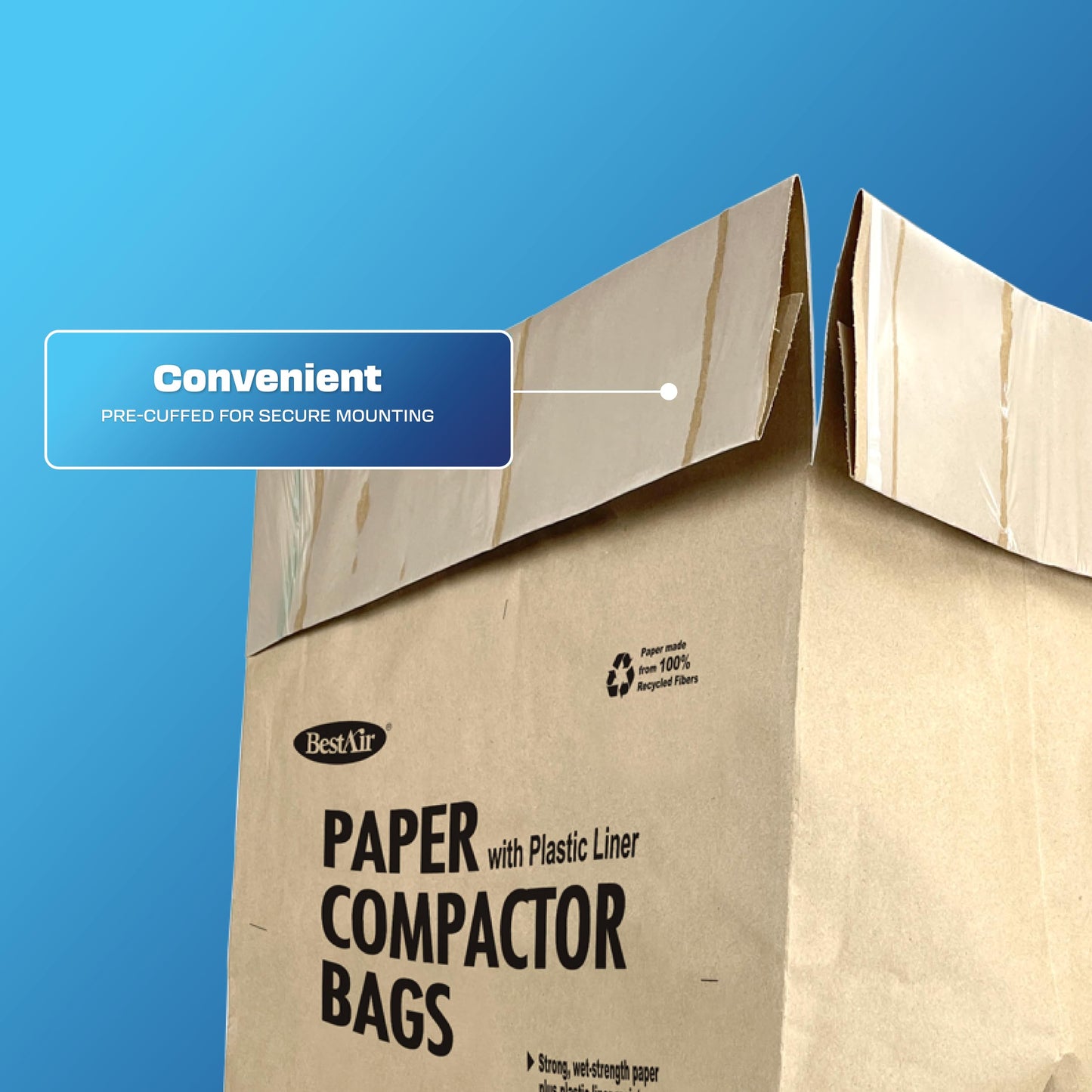 BestAir Heavy Duty Trash Compactor Bags (8-Pack) | Reinforced Bottom Seal | Wet-Strength Paper with Plastic Liner | Pre-Cuffed Flat Top for Secure Fit