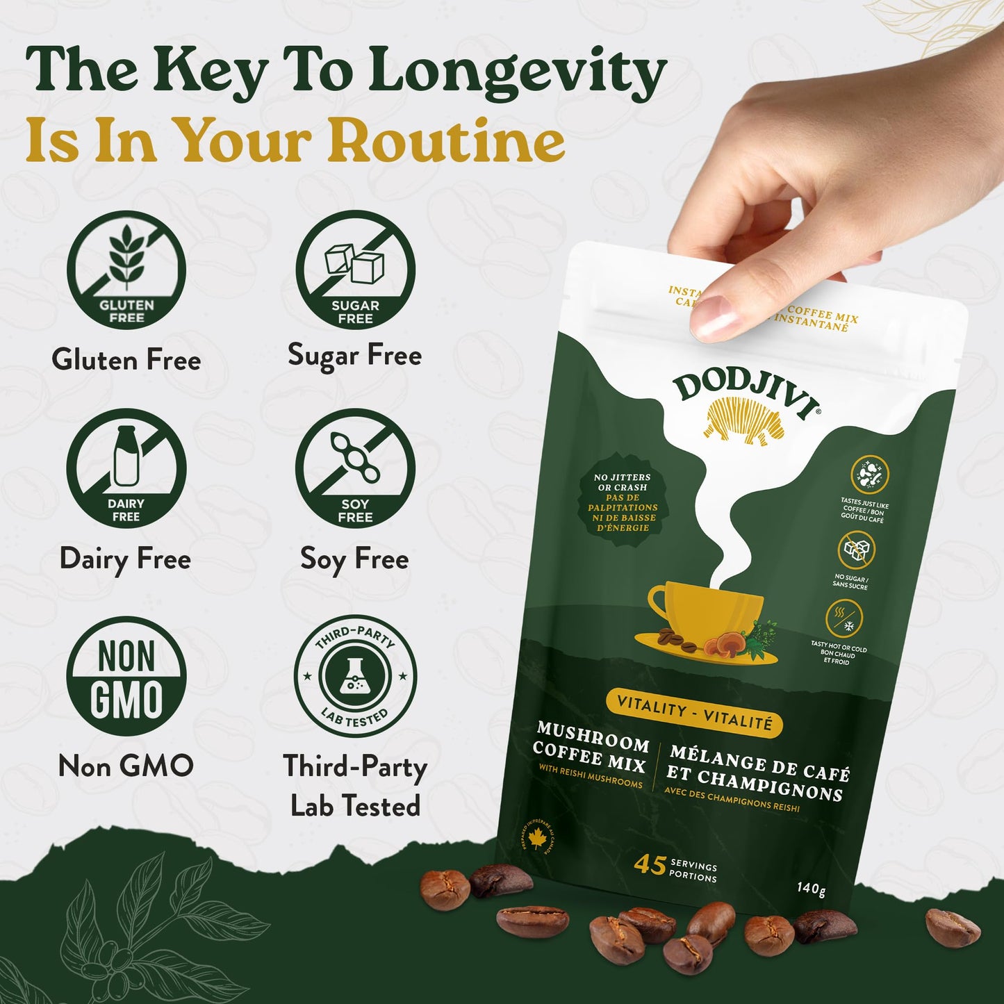 Dodjivi Organic Reishi Mushroom Coffee, Sustained Energy & Focus, Instant Coffee, Arabica with Adaptogenic Herbs, Sugar-Free, Vegan, Keto-Friendly