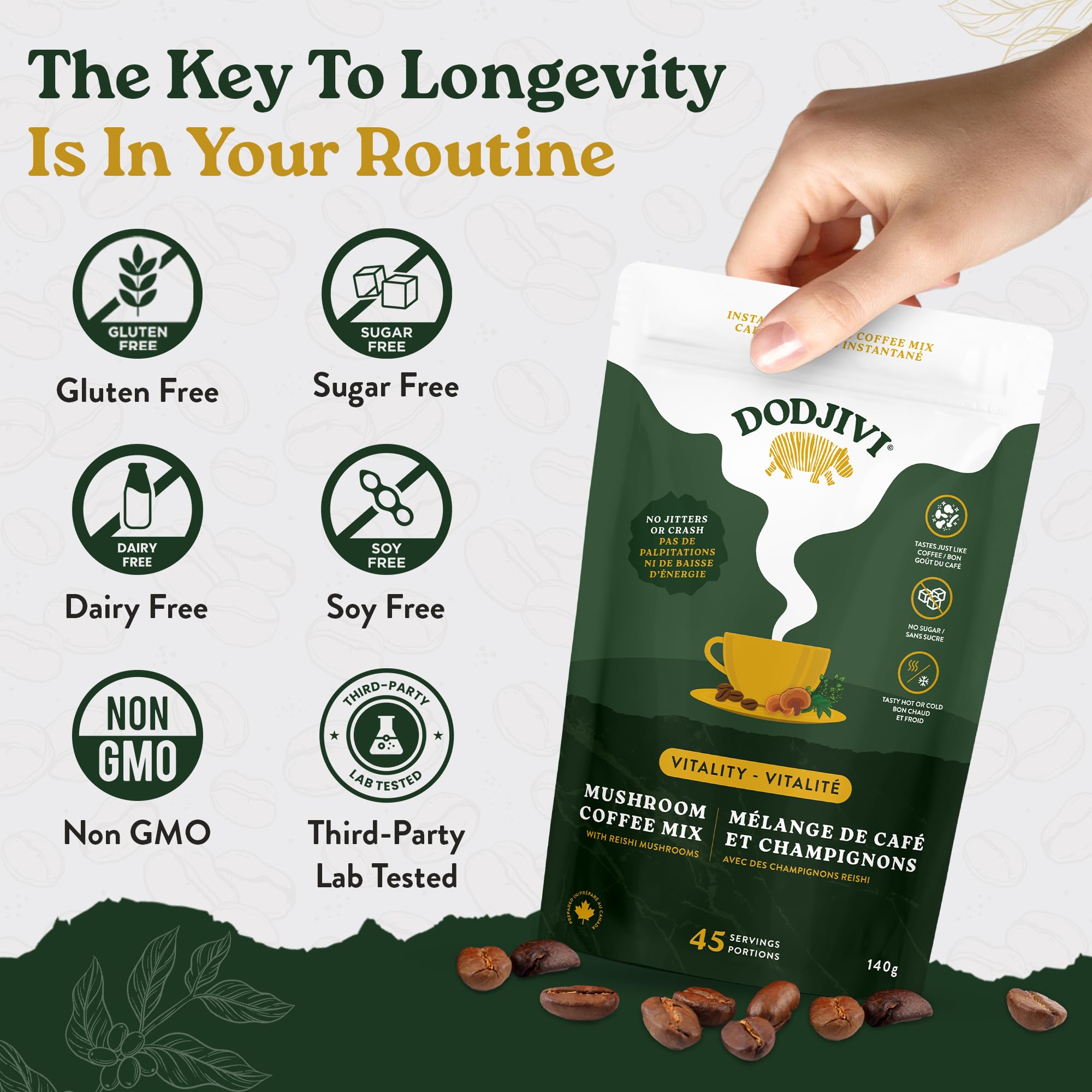Dodjivi Organic Reishi Mushroom Coffee, Sustained Energy & Focus, Instant Coffee, Arabica with Adaptogenic Herbs, Sugar-Free, Vegan, Keto-Friendly